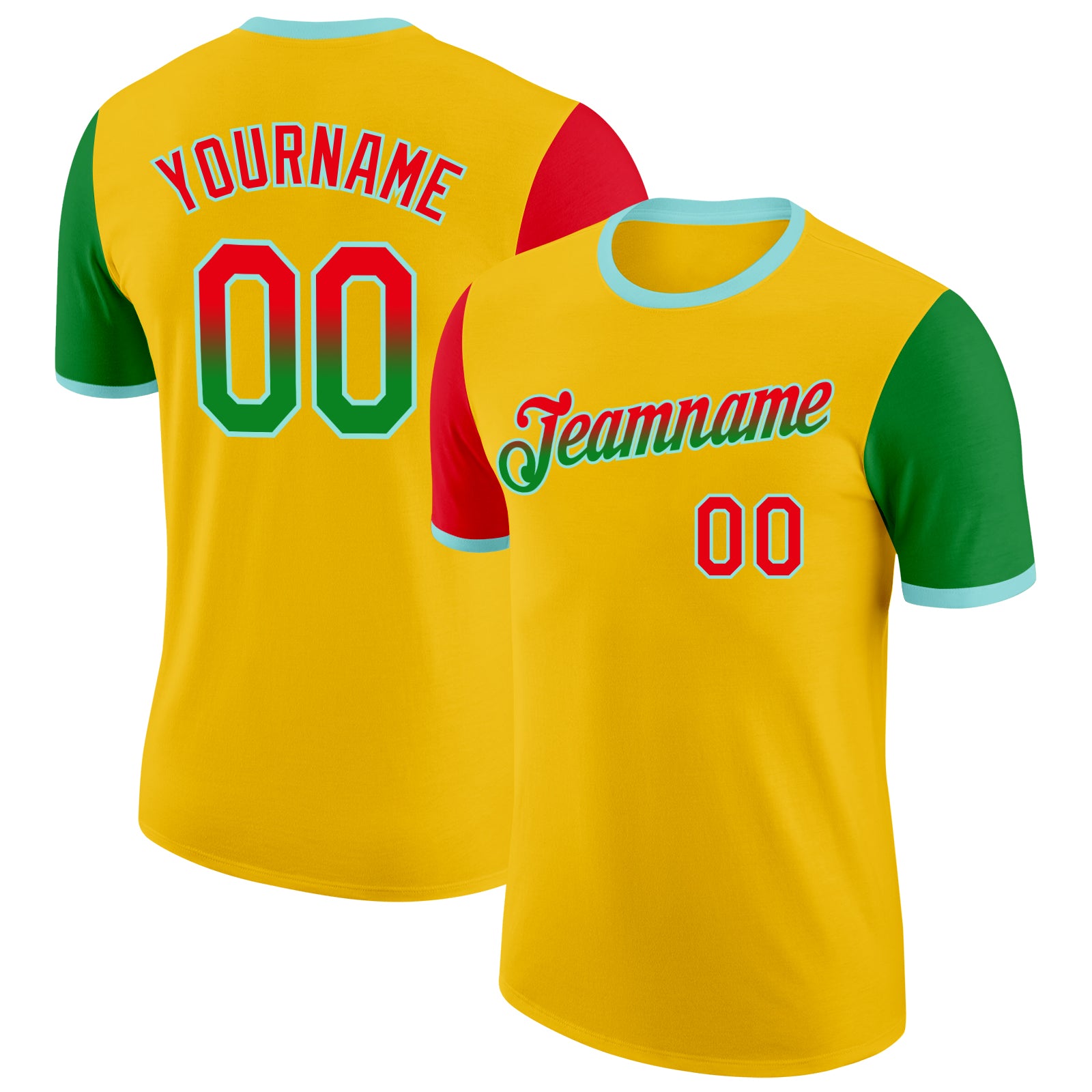 FansIdea Custom Yellow Fire Red Grass Green-Ice Blue Gradient Two Tone Performance T-Shirt - $14.99 at Proof Eyewear