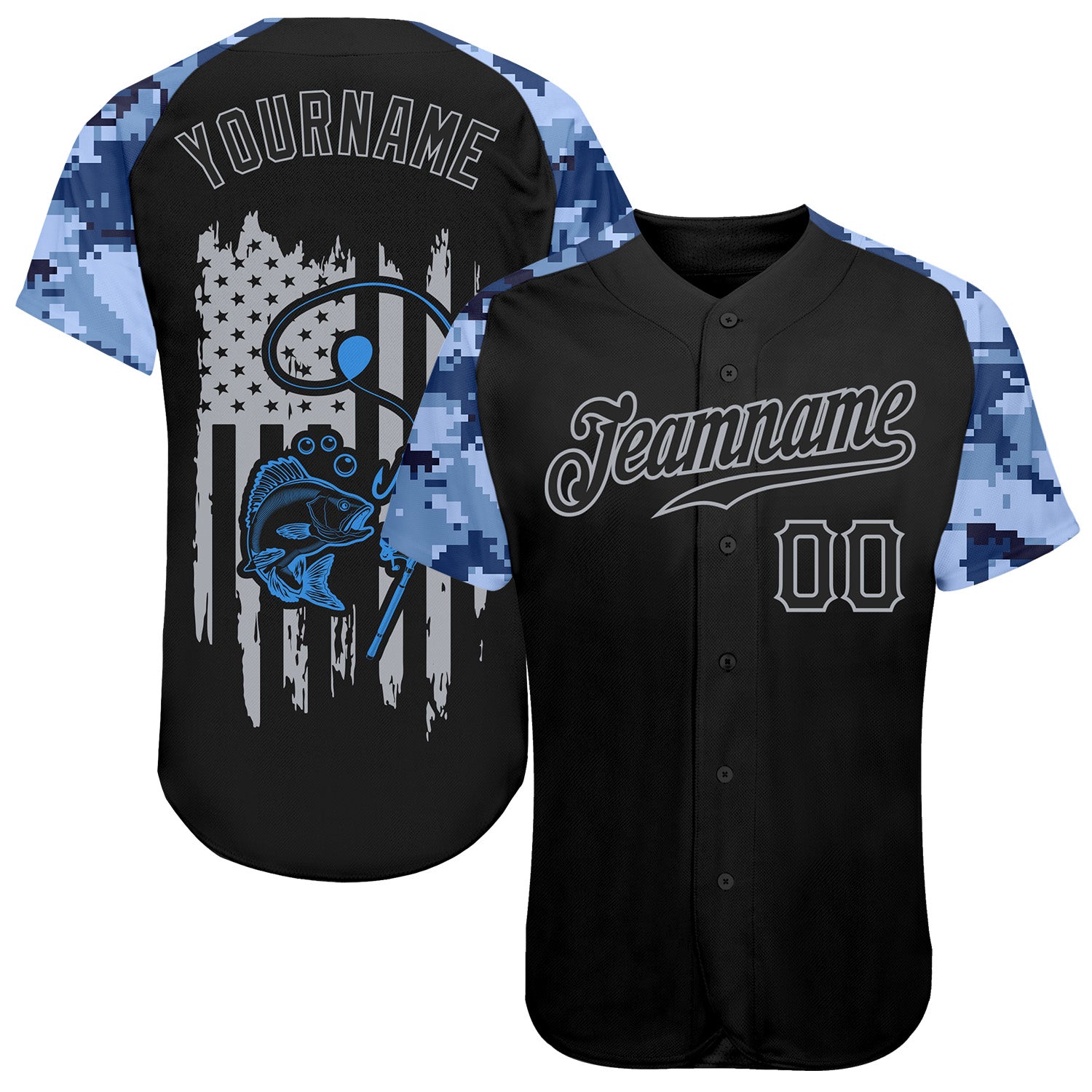 FansIdea Custom Black Gray American Flag Patriotic Camo Raglan Sleeves Fishing Authentic Baseball Jersey - $29.99 at Proof Eyewear