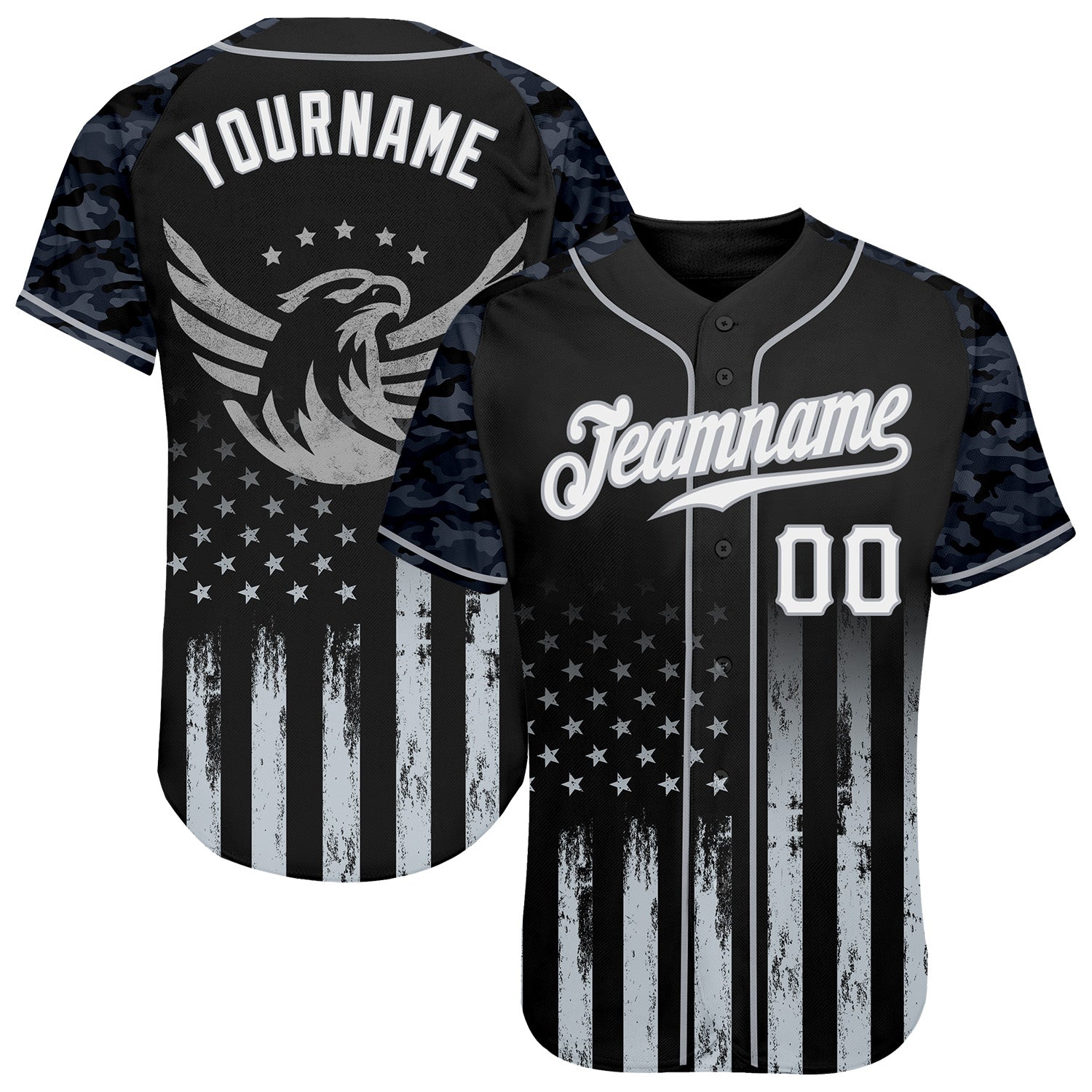 FansIdea Custom Black White-Gray Camo Raglan Sleeves American Flag Eagle Patriotic Authentic Baseball Jersey - $29.99 at Proof Eyewear