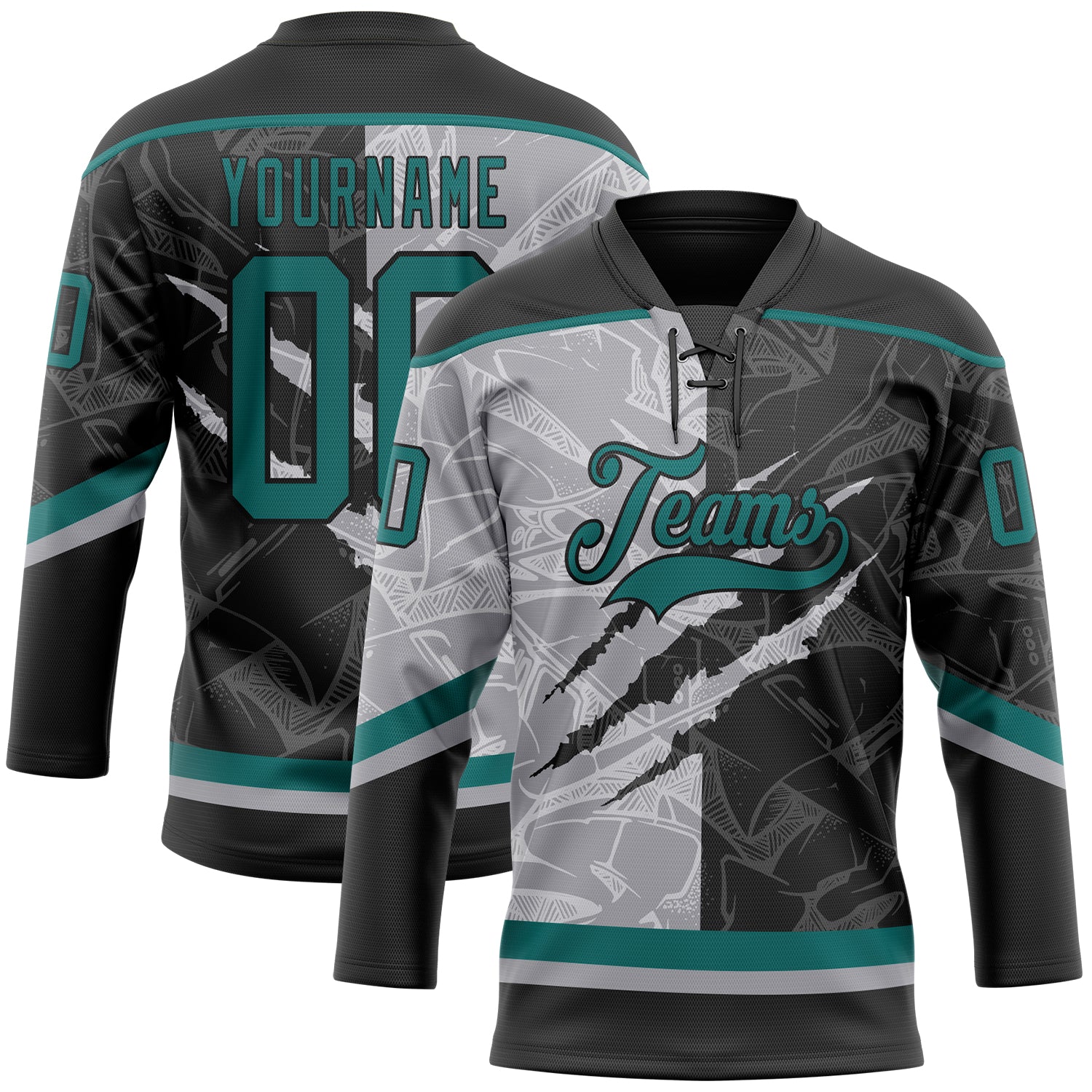 FansIdea Custom Black Teal-Gray 3D Pattern Gradient Fashion Scratch Hockey Lace Neck Jersey - $29.99 at Proof Eyewear