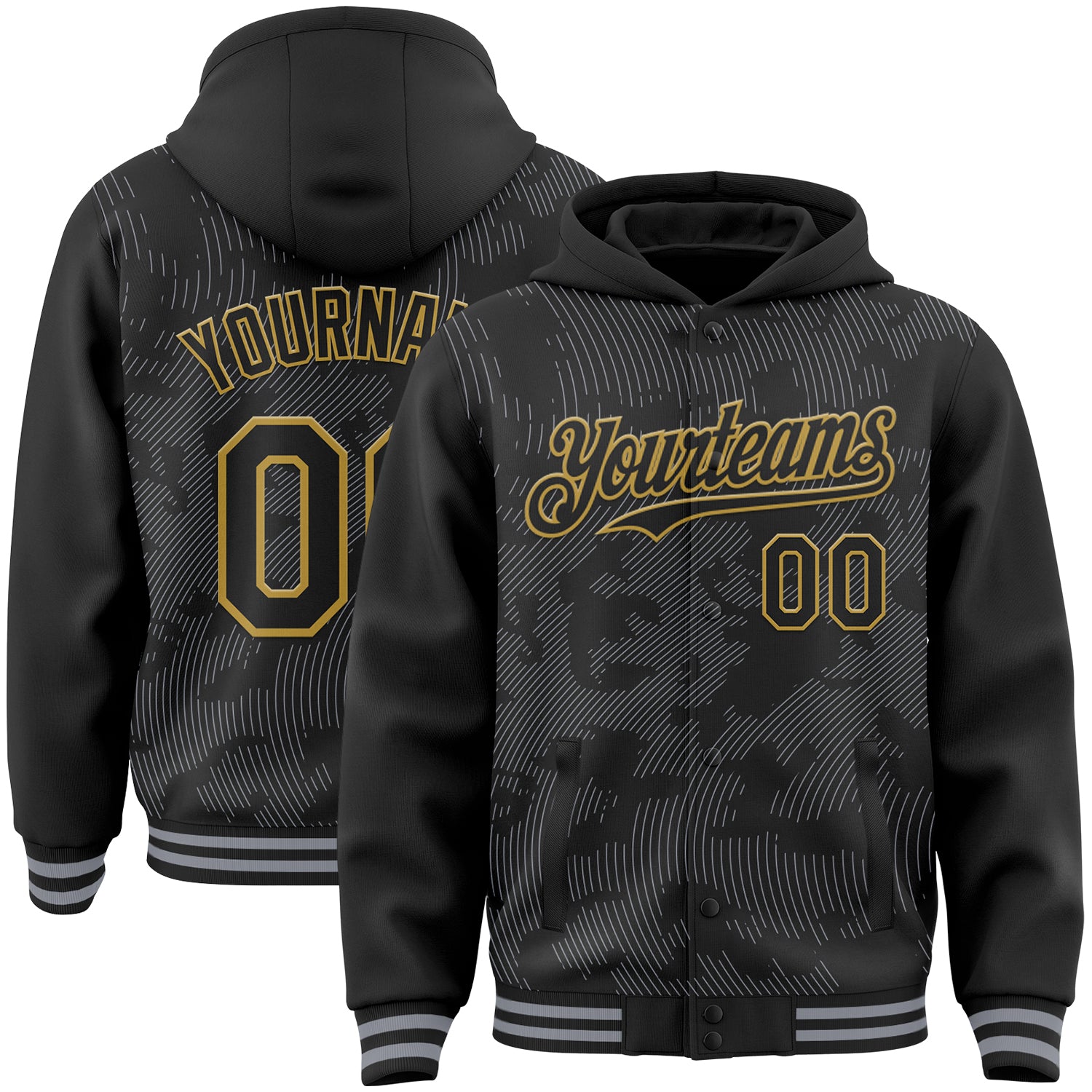 FansIdea Custom Black Gray-Old Gold Curve Lines Bomber Full-Snap Varsity Letterman Hoodie Jacket - $38.99 at Proof Eyewear