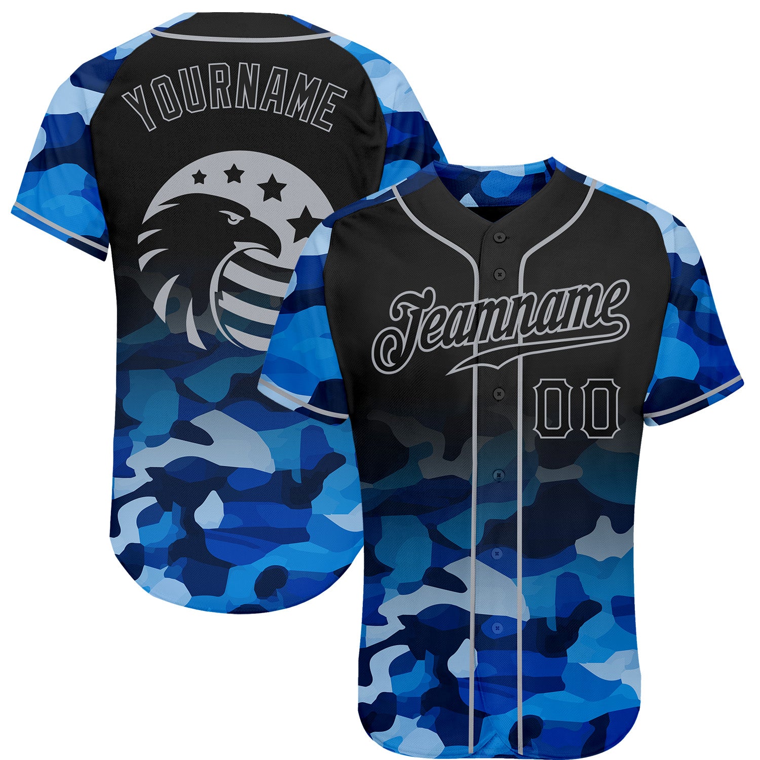 FansIdea Custom Camo Black-Gray American Flag Patriotic Eagle Raglan Sleeves Authentic Baseball Jersey - $29.99 at Proof Eyewear
