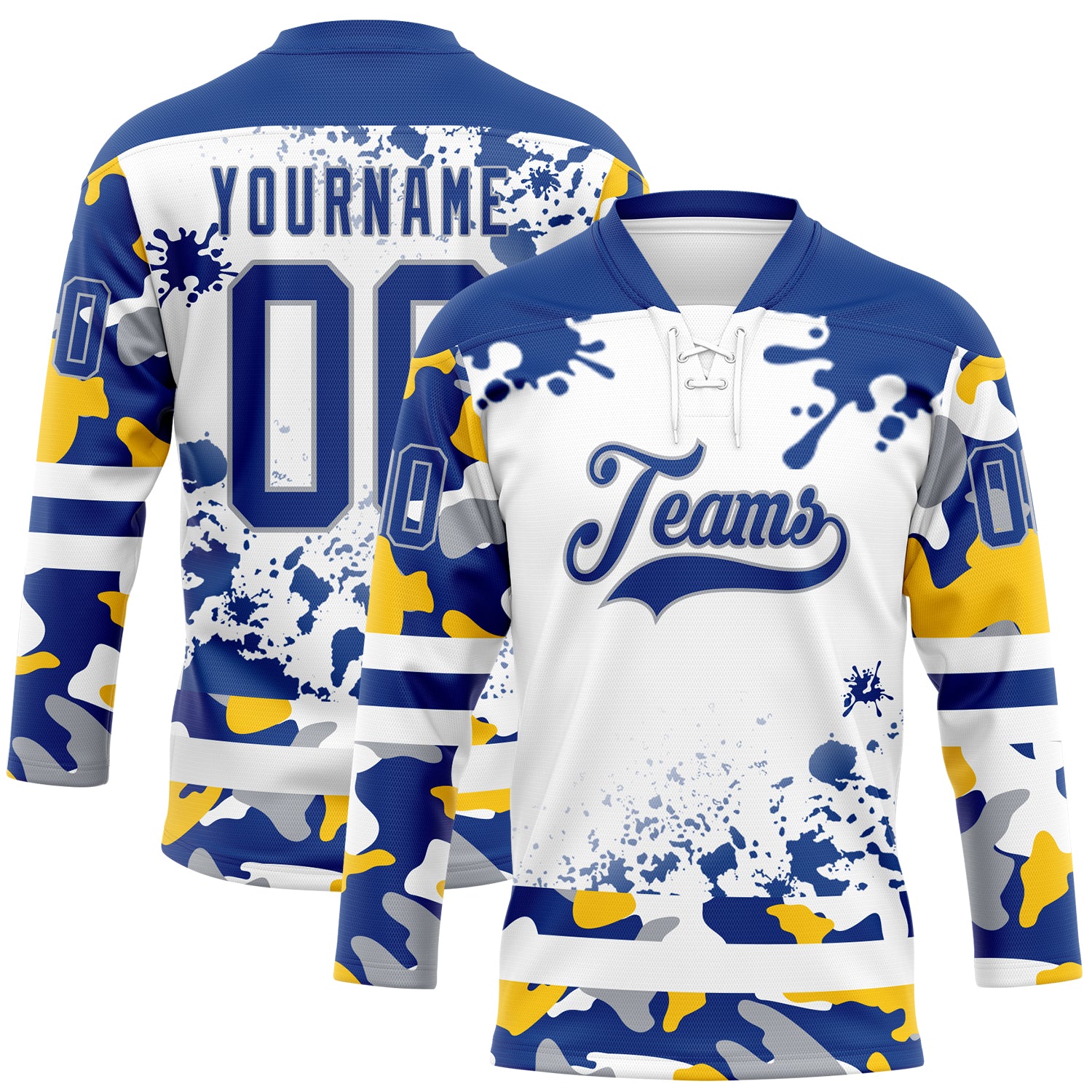 FansIdea Custom Camo Royal Gray-White Splash Hockey Lace Neck Jersey - $29.99 at Proof Eyewear