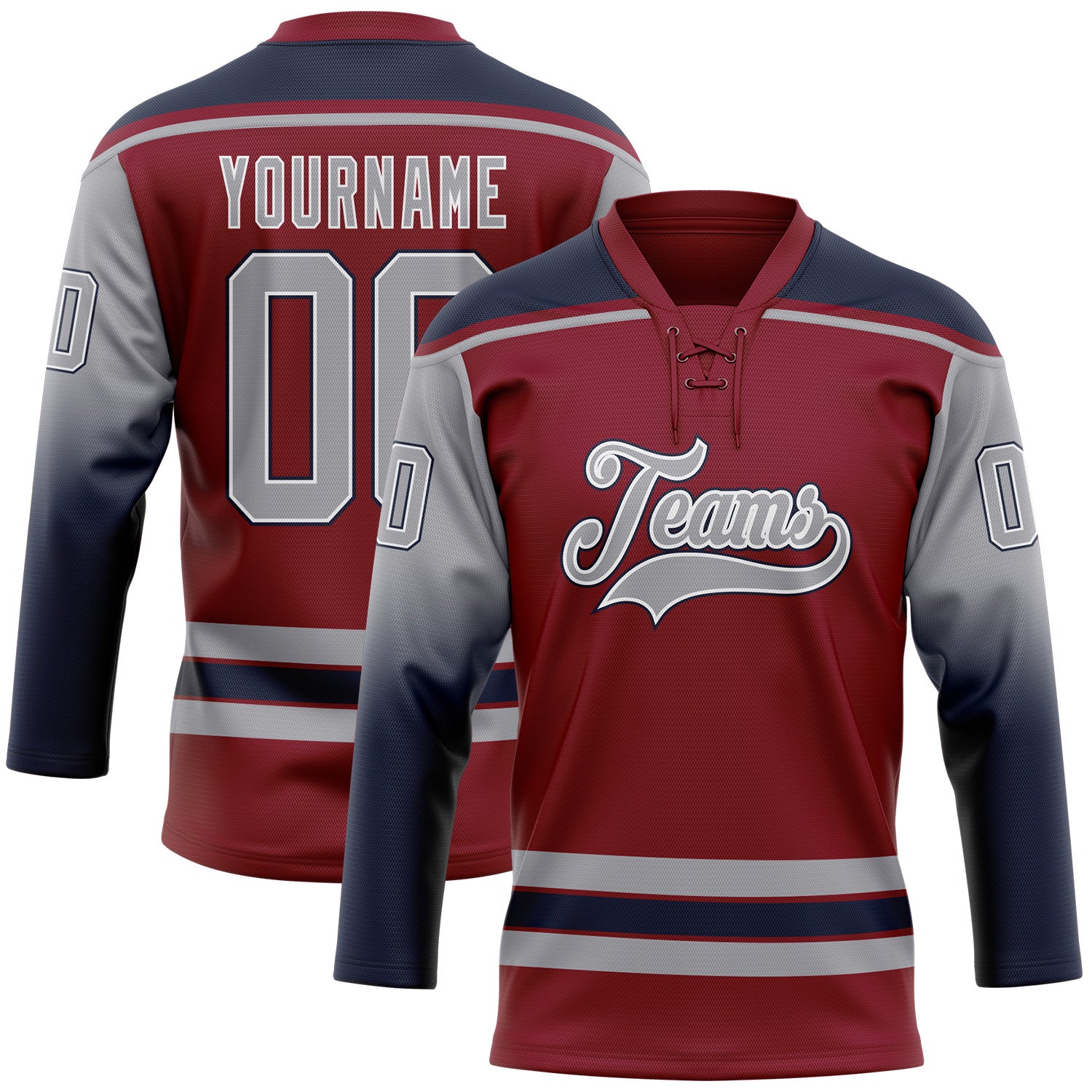 FansIdea Custom Crimson Gray Navy-White Gradient Sleeves Lace Neck Hockey Jersey - $29.99 at Proof Eyewear