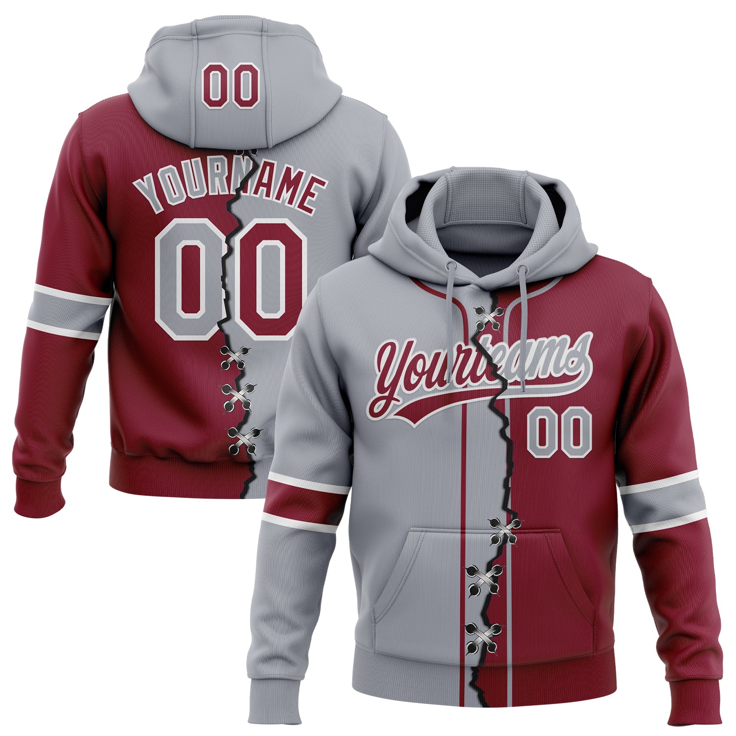 FansIdea Custom Crimson Gray-White Split Ripped Pattern Baseball Pullover Sweatshirt Hoodie - $32.99 at Proof Eyewear