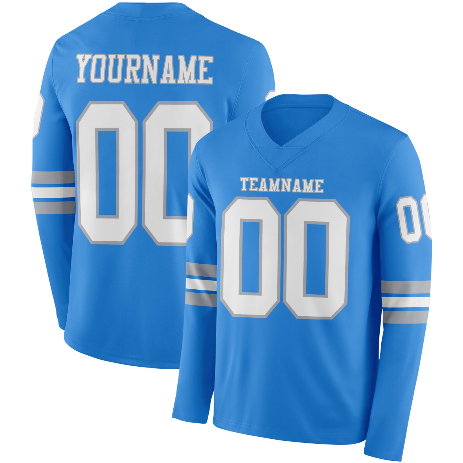 FansIdea Custom Powder Blue White-Gray Long Sleeve Authentic Football Jersey - $24.99 at Proof Eyewear