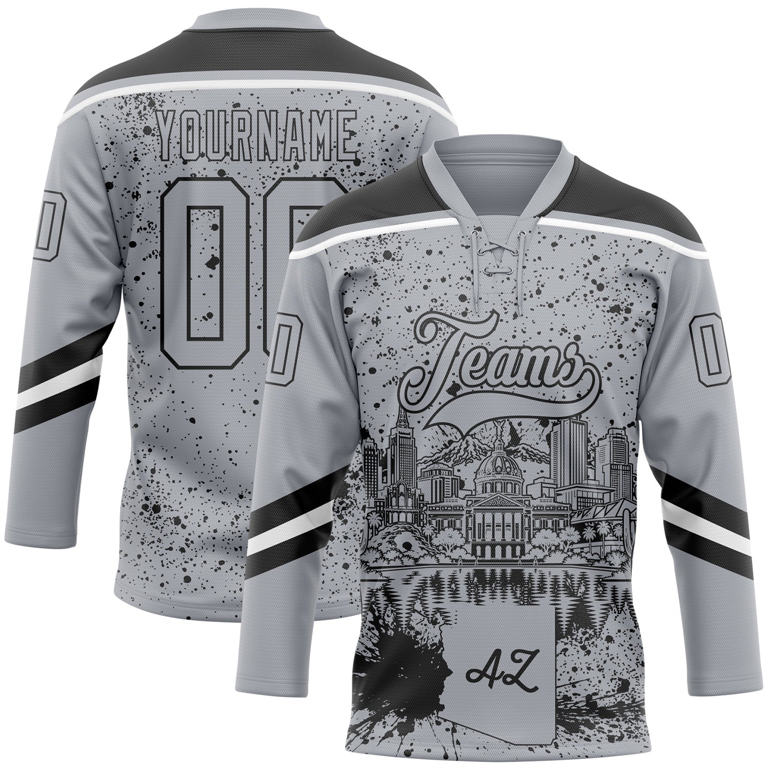 FansIdea Custom Gray Black-White Phoenix AZ City Skyline State Pride Paint Splatter Lace Neck Hockey Jersey - $29.99 at Proof Eyewear