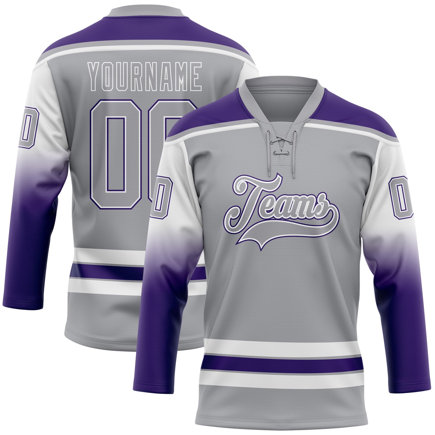 FansIdea Custom Gray White-Purple Gradient Sleeves Lace Neck Hockey Jersey - $29.99 at Proof Eyewear