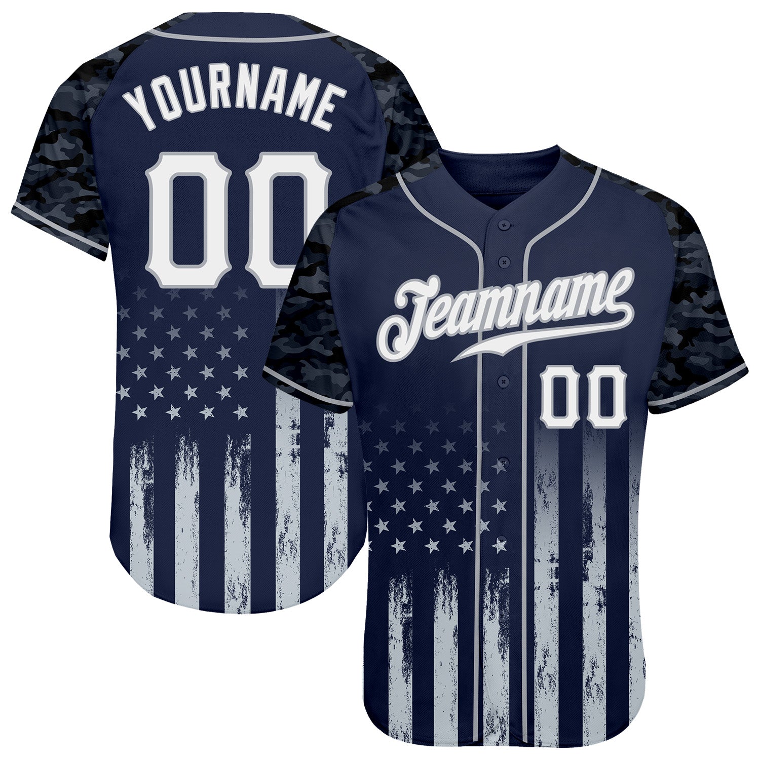 FansIdea Custom Navy White-Gray Camo Raglan Sleeves American Flag Patriotic Authentic Baseball Jersey - $29.99 at Proof Eyewear