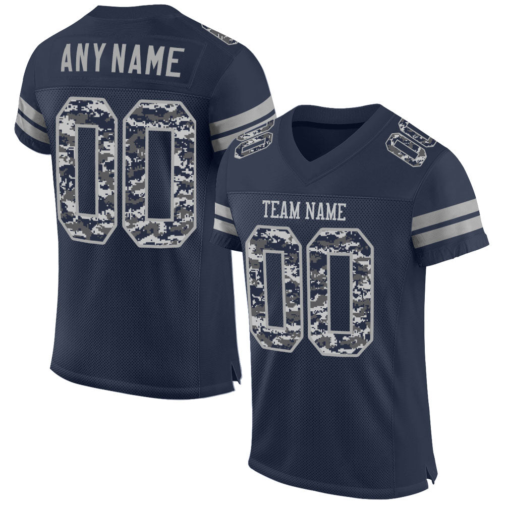 FansIdea Custom Navy-Gray Mesh Authentic Pixel Digital Camo Football Jersey - $27.99 at Proof Eyewear