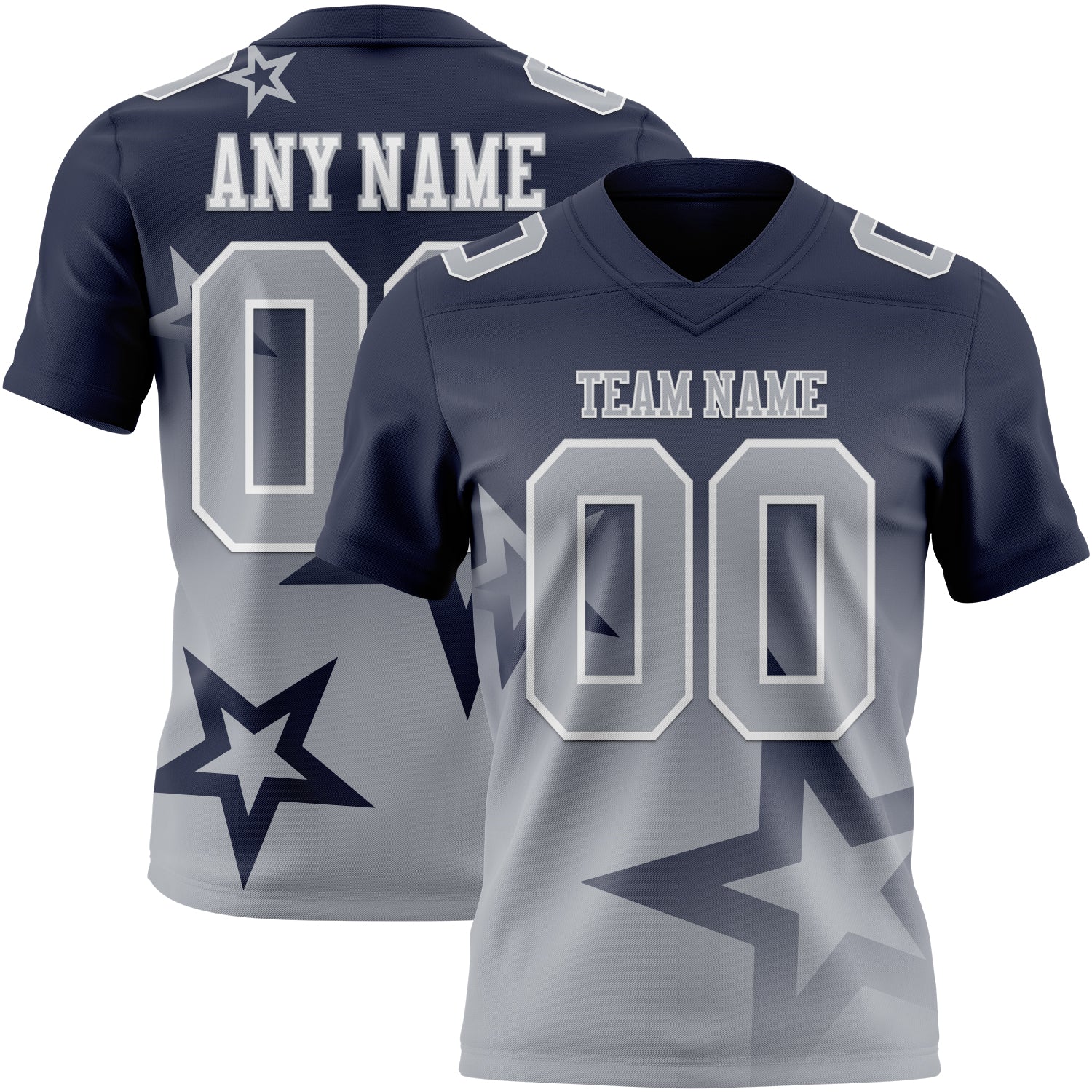 FansIdea Custom Navy Gray-White Authentic Gradient Style Twinkle Star Football Jersey - $19.99 at Proof Eyewear