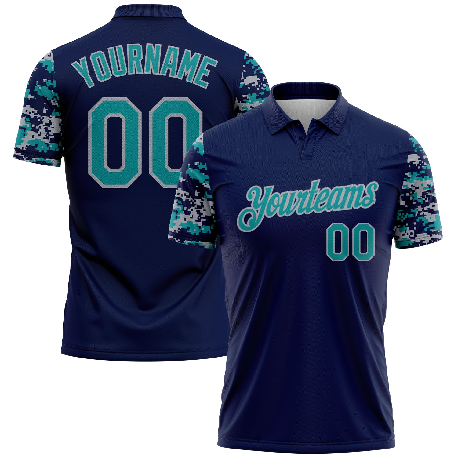 FansIdea Custom Navy Teal-Gray Digital Camo Two Tone Performance Polo Shirt - $19.99 at Proof Eyewear