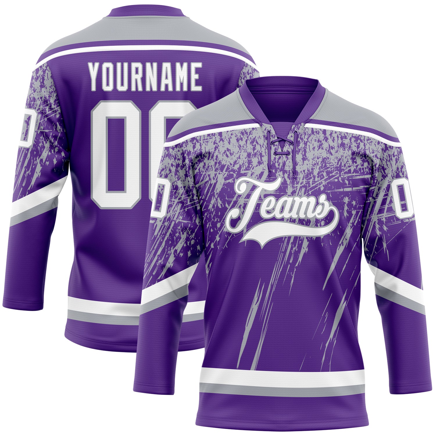Custom Purple White-Gray 3D Splash Hockey Lace Neck Jersey