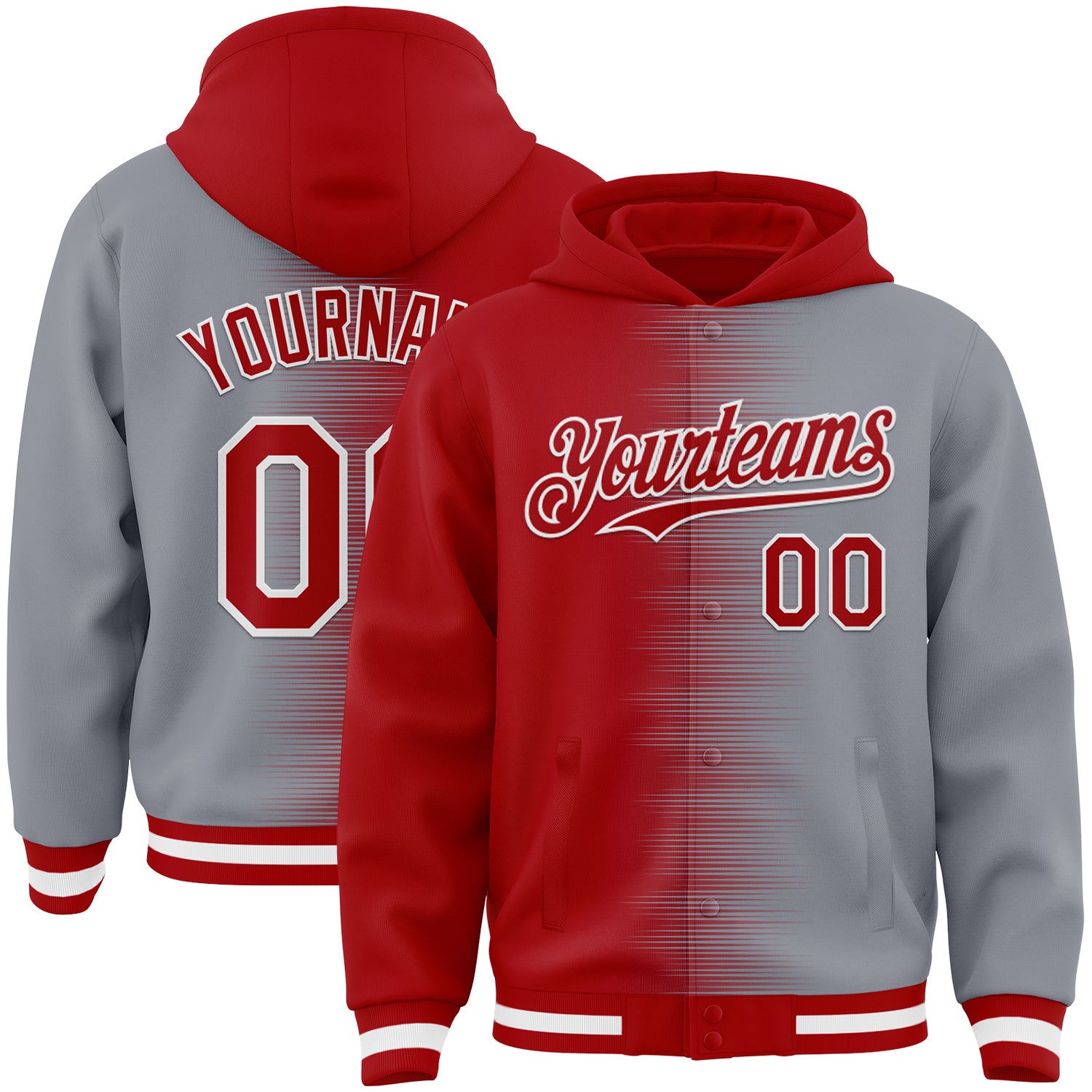 FansIdea Custom Red Gray-White Gradient Line Bomber Full-Snap Varsity Letterman Hoodie Jacket - $38.99 at Proof Eyewear
