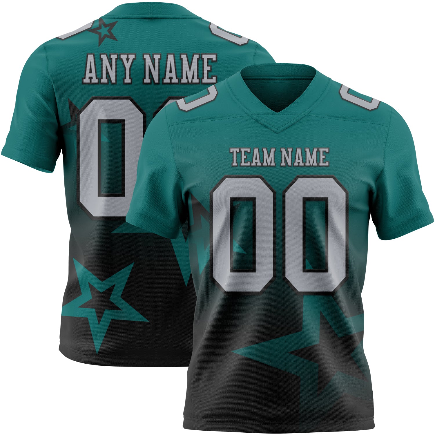 FansIdea Custom Teal Gray-Black Authentic Gradient Style Twinkle Star Football Jersey - $19.99 at Proof Eyewear
