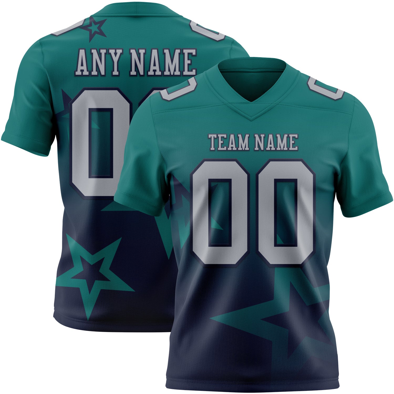 FansIdea Custom Teal Gray-Navy Authentic Gradient Style Twinkle Star Football Jersey - $19.99 at Proof Eyewear