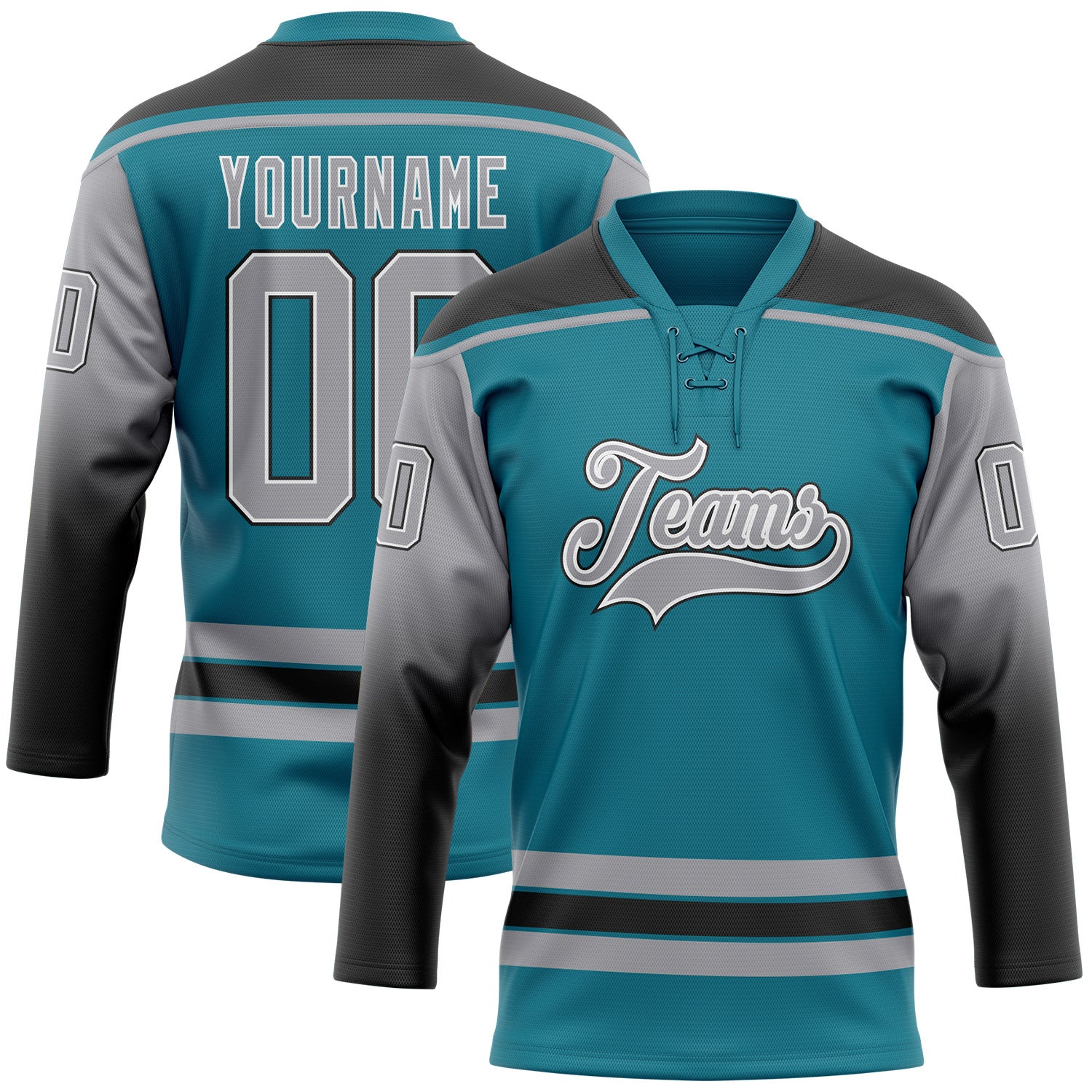 FansIdea Custom Teal Gray Black-White Gradient Sleeves Lace Neck Hockey Jersey - $29.99 at Proof Eyewear