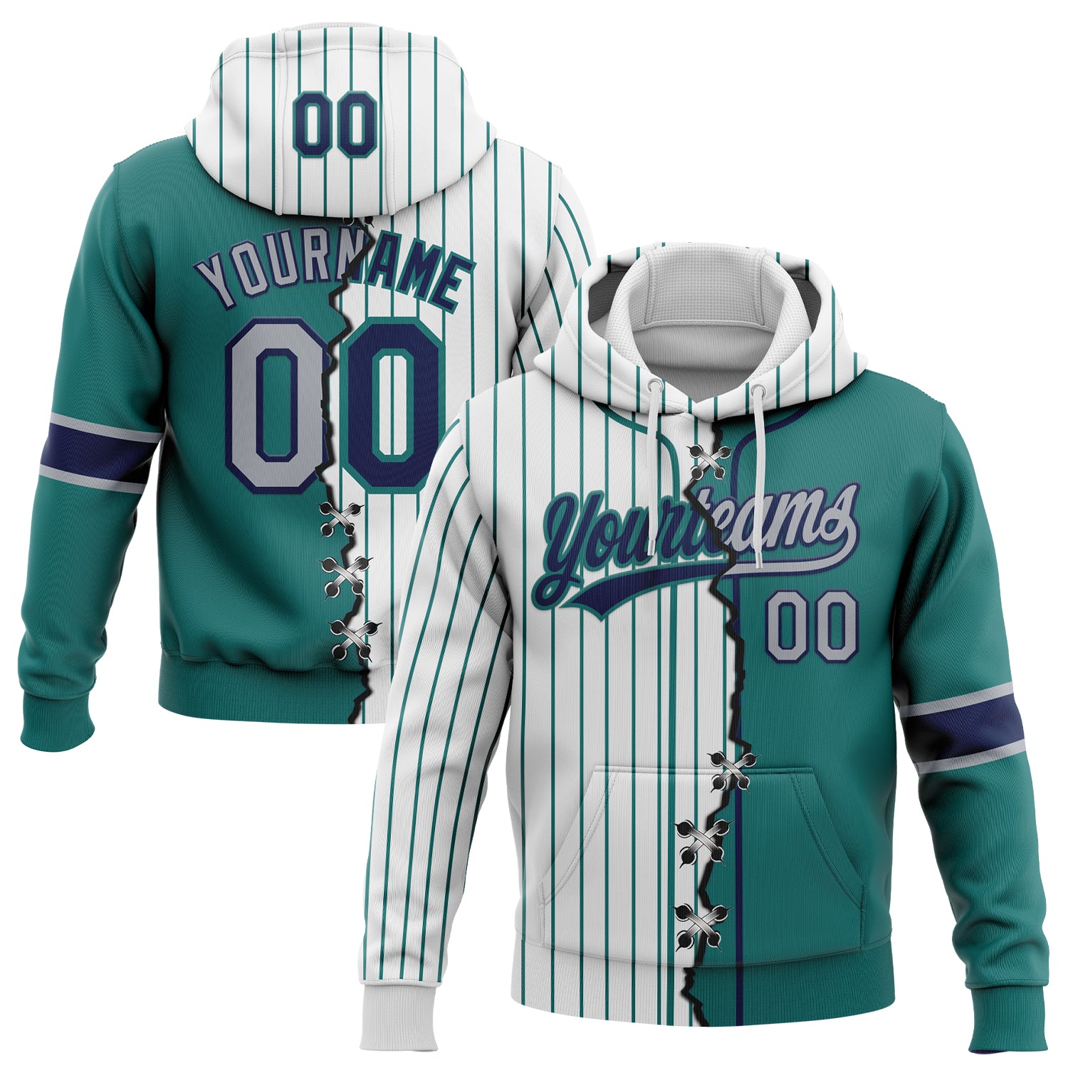 FansIdea Custom White Teal Pinstripe Gray-Navy Split Ripped Pattern Baseball Pullover Sweatshirt Hoodie - $32.99 at Proof Eyewear