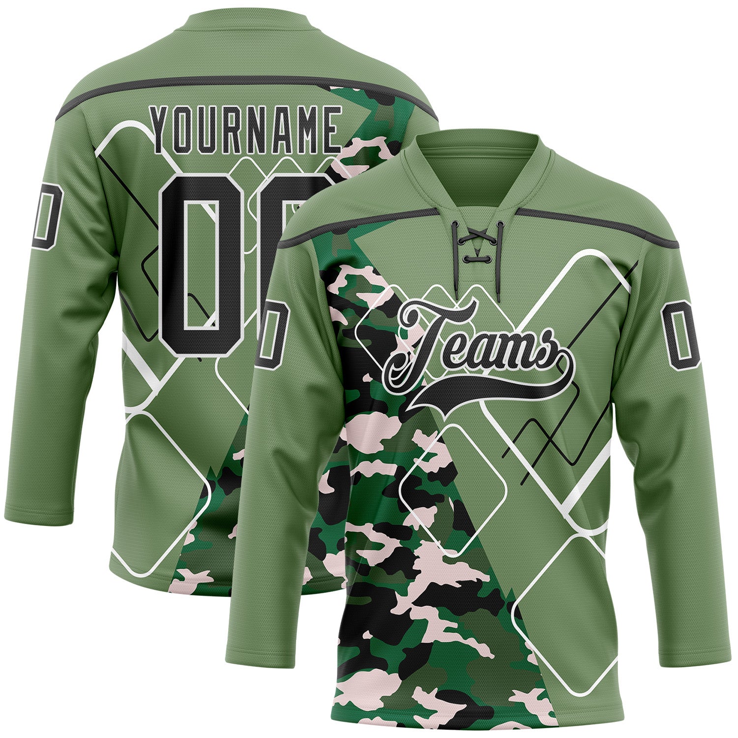 FansIdea Custom Camo Black Green-White 3D Camouflage Geometric Hockey Lace Neck Jersey - $29.99 at Proof Eyewear