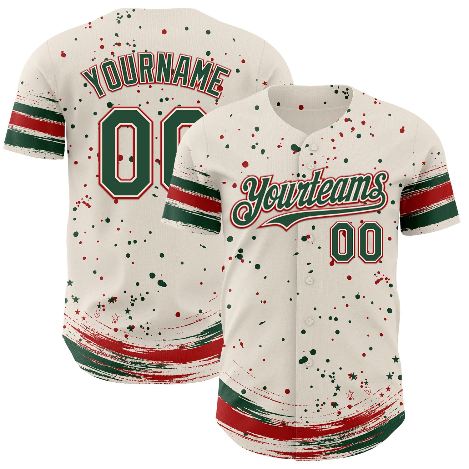 FansIdea Custom Cream Green-Red Stars Paint Splatter Brush Stroke Authentic Baseball Jersey - $29.99 at Proof Eyewear