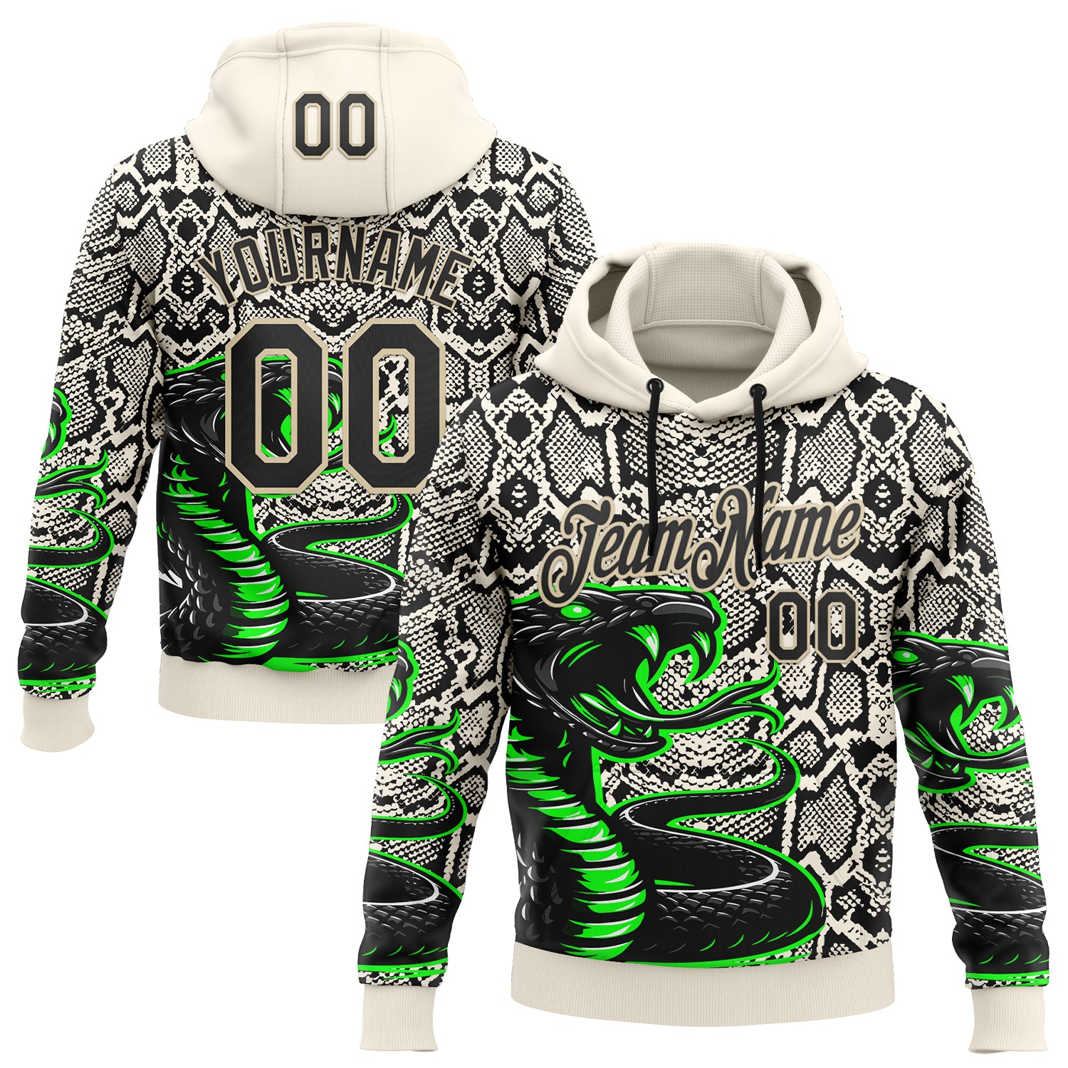 FansIdea Custom Stitched Cream Black-Green 3D Pattern Design Snake Skin Print Sportswear Pullover Sweatshirt Hoodie - $32.99 at Proof Eyewear