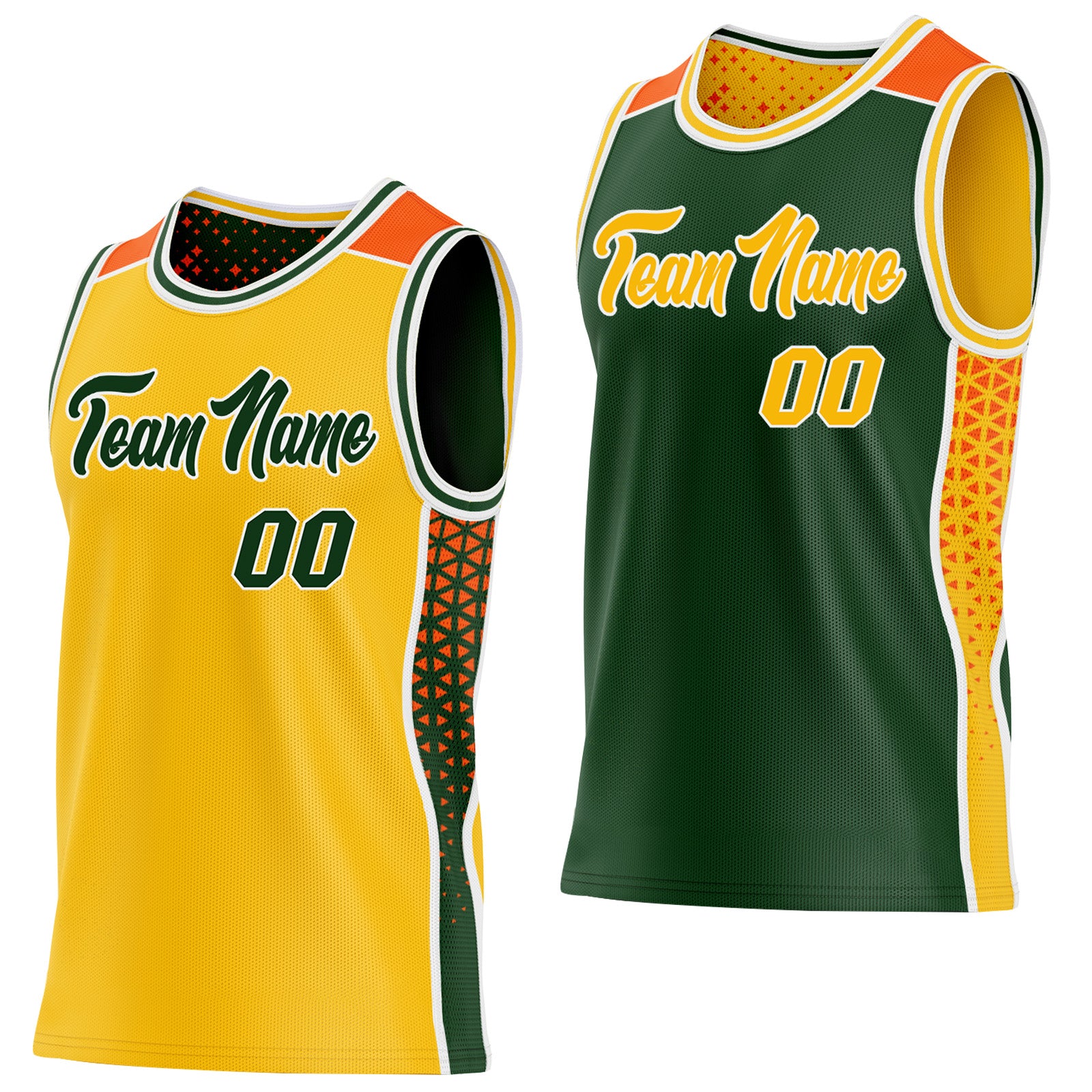 FansIdea Custom Gold Green White-Orange Side Panel Stripe Geometric Triangle Gradient Dot Reversible Double Side Sublimation Basketball Set Jersey - $17.99 at Proof Eyewear