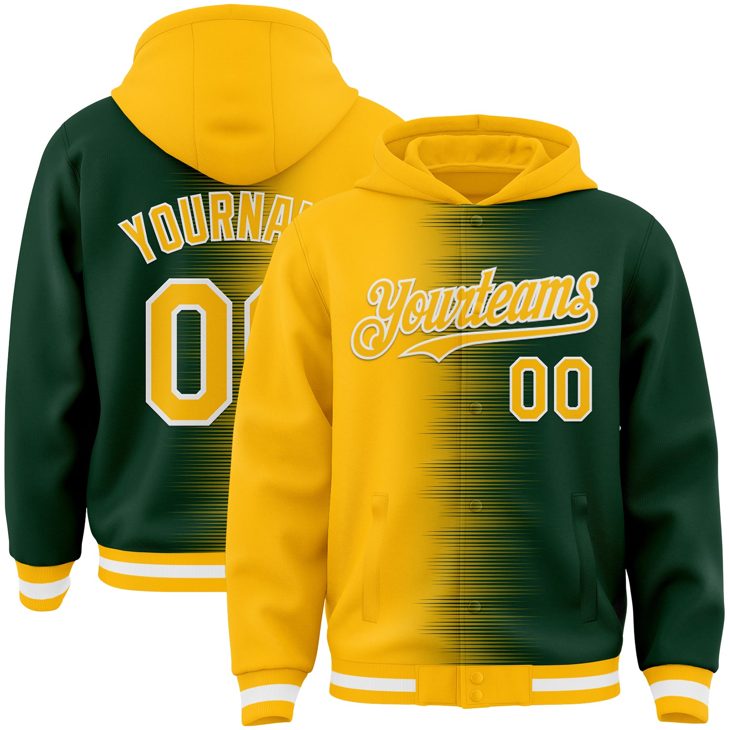 FansIdea Custom Gold Green-White Gradient Line Bomber Full-Snap Varsity Letterman Hoodie Jacket - $38.99 at Proof Eyewear