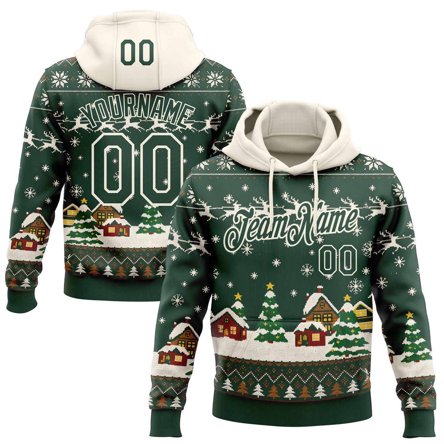 FansIdea Custom Green-Cream Christmas Village Pullover Sweatshirt Hoodie - $32.99 at Proof Eyewear
