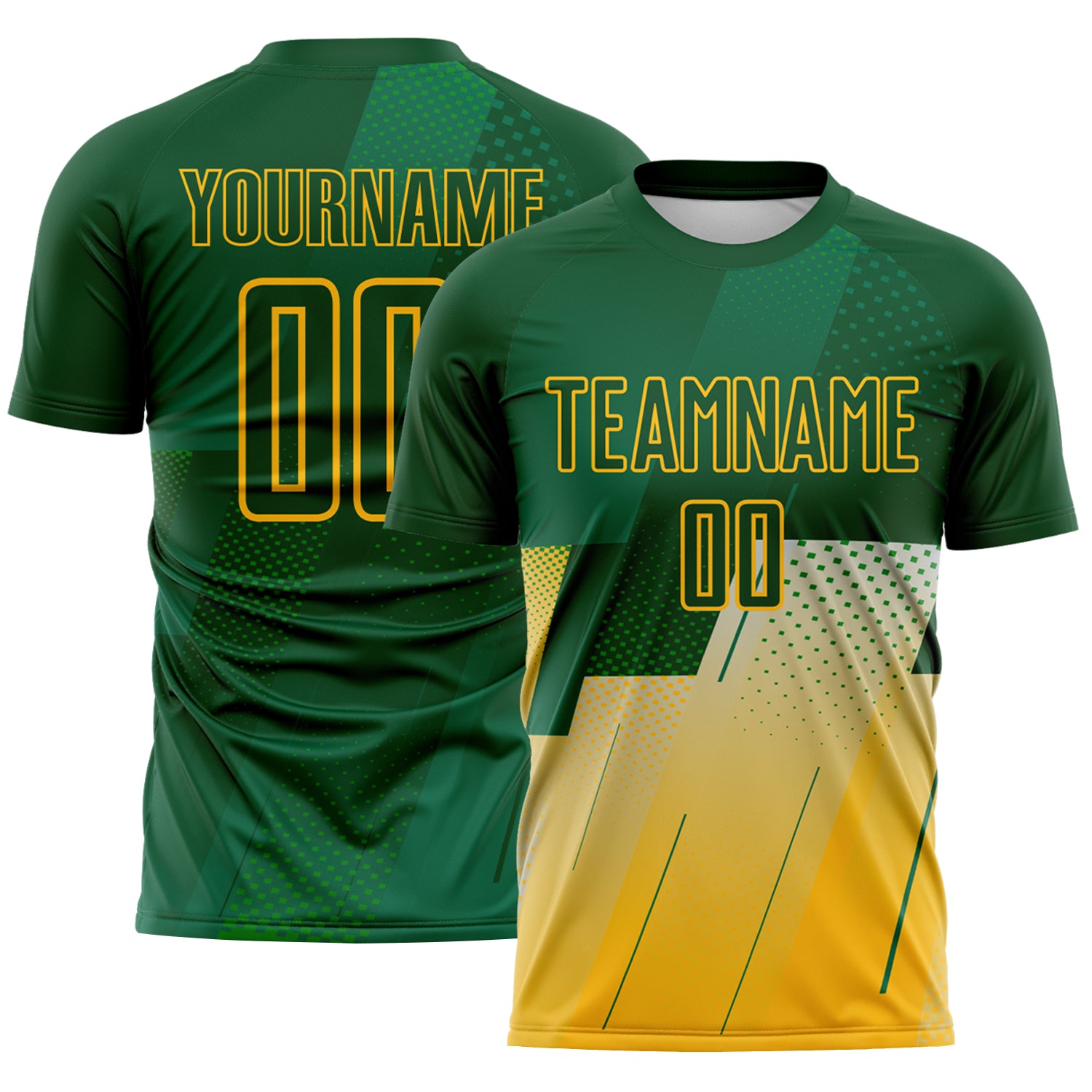 FansIdea Custom Green-Gold Geometric Diagonal Block Halftone Grid Sublimation Soccer Uniform Jersey - $16.99 at Proof Eyewear