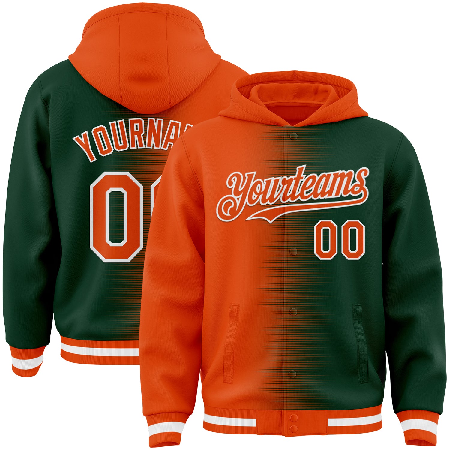 FansIdea Custom Orange Green-White Gradient Line Bomber Full-Snap Varsity Letterman Hoodie Jacket - $38.99 at Proof Eyewear