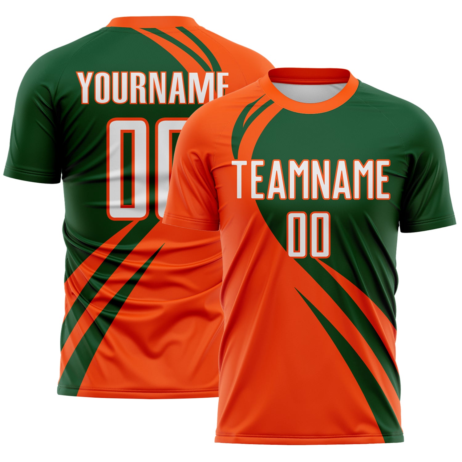 FansIdea Custom Orange White-Green Diagonal Streamline Color Block Swirl Curve Lines Sublimation Soccer Uniform Jersey - $16.99 at Proof Eyewear