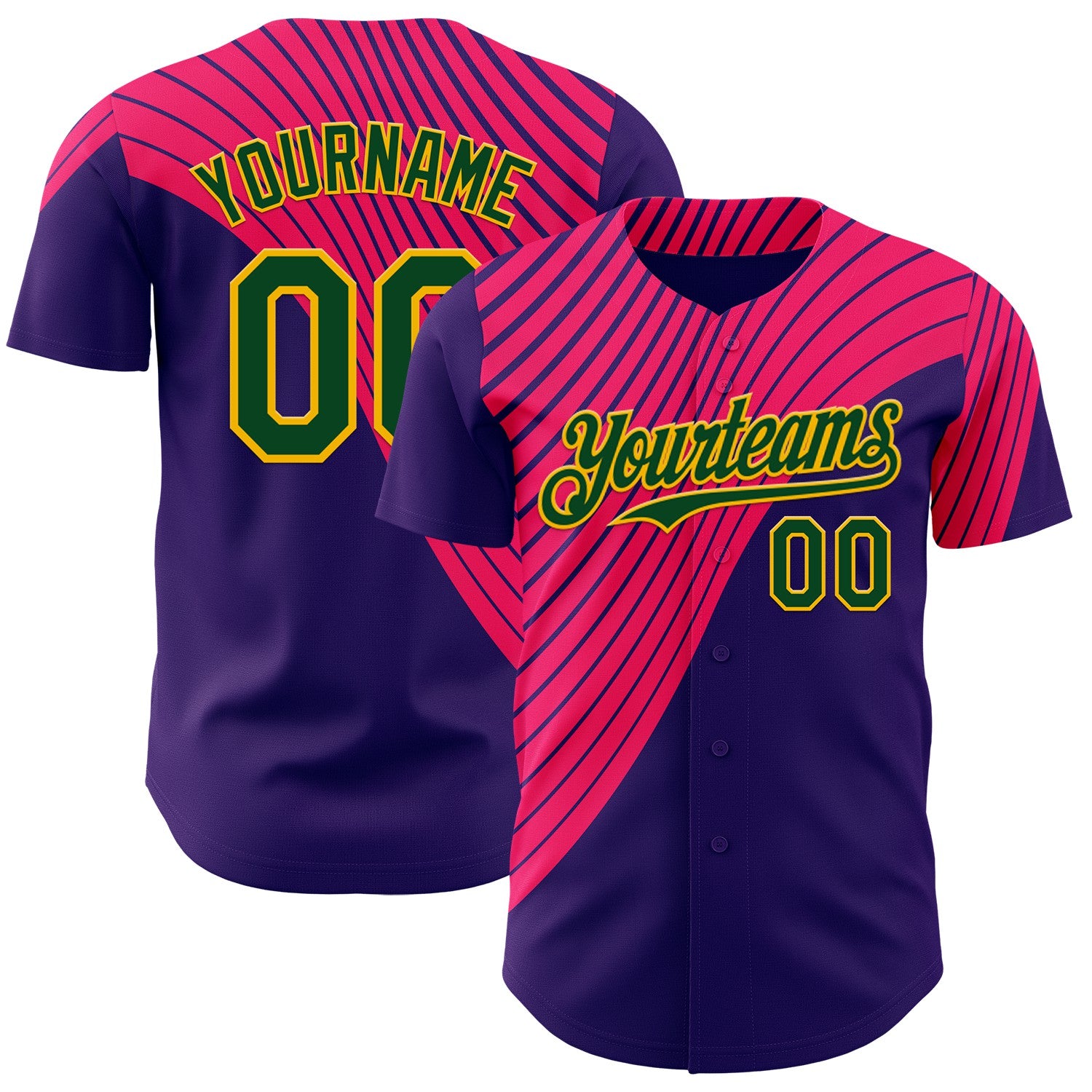 FansIdea Custom Purple Green Hot Pink-Gold Geometric Patchwork Asymmetry Authentic Baseball Jersey - $29.99 at Proof Eyewear