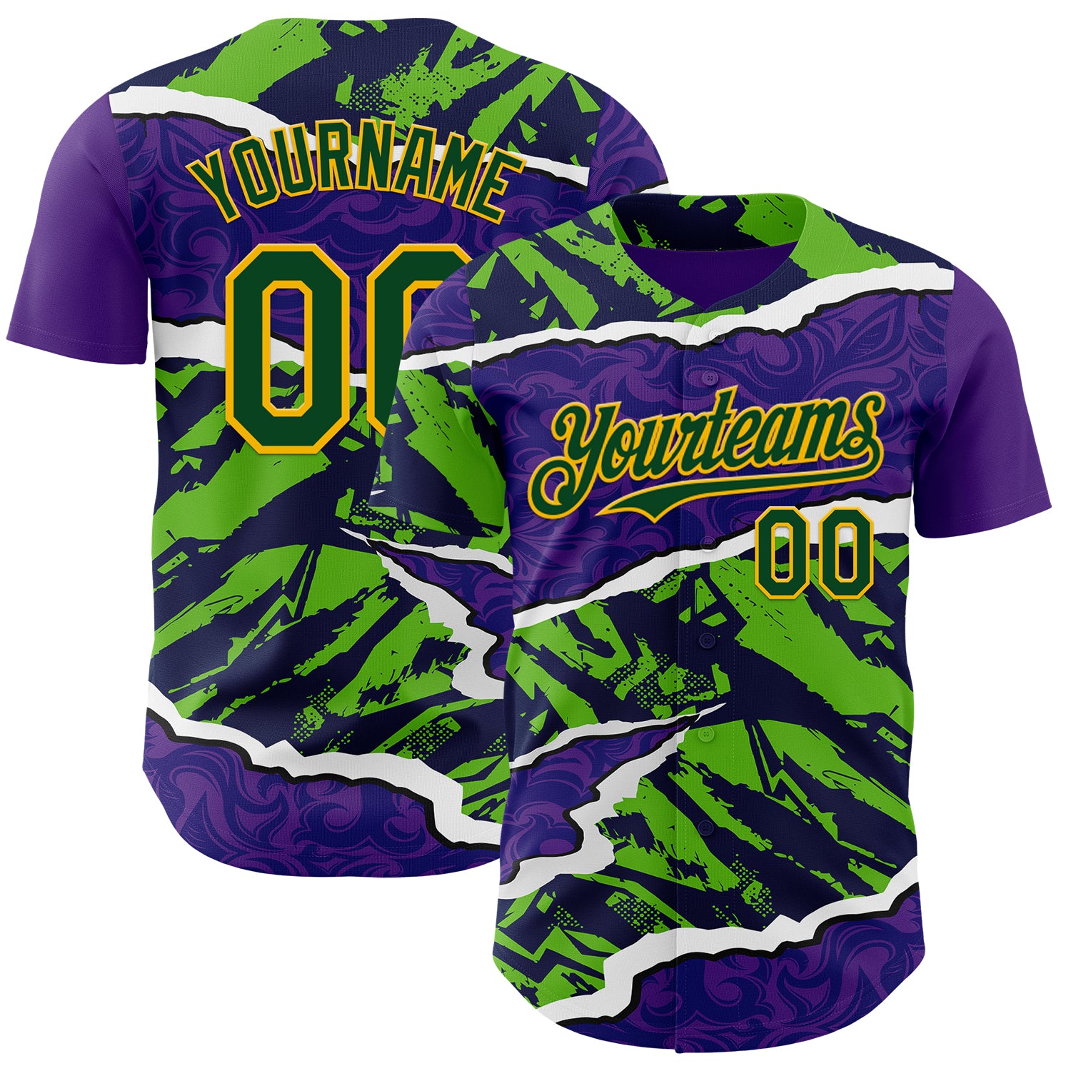 FansIdea Custom Purple Green-Gold Geometric Patchwork Asymmetry Torn Authentic Baseball Jersey - $29.99 at Proof Eyewear