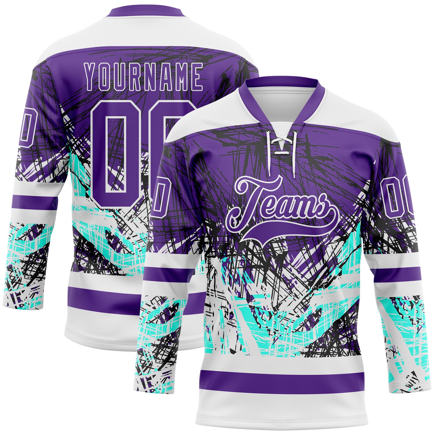 FansIdea Custom Purple Green-White Abstract Splatter Paint Grunge Hockey Lace Neck Jersey - $29.99 at Proof Eyewear
