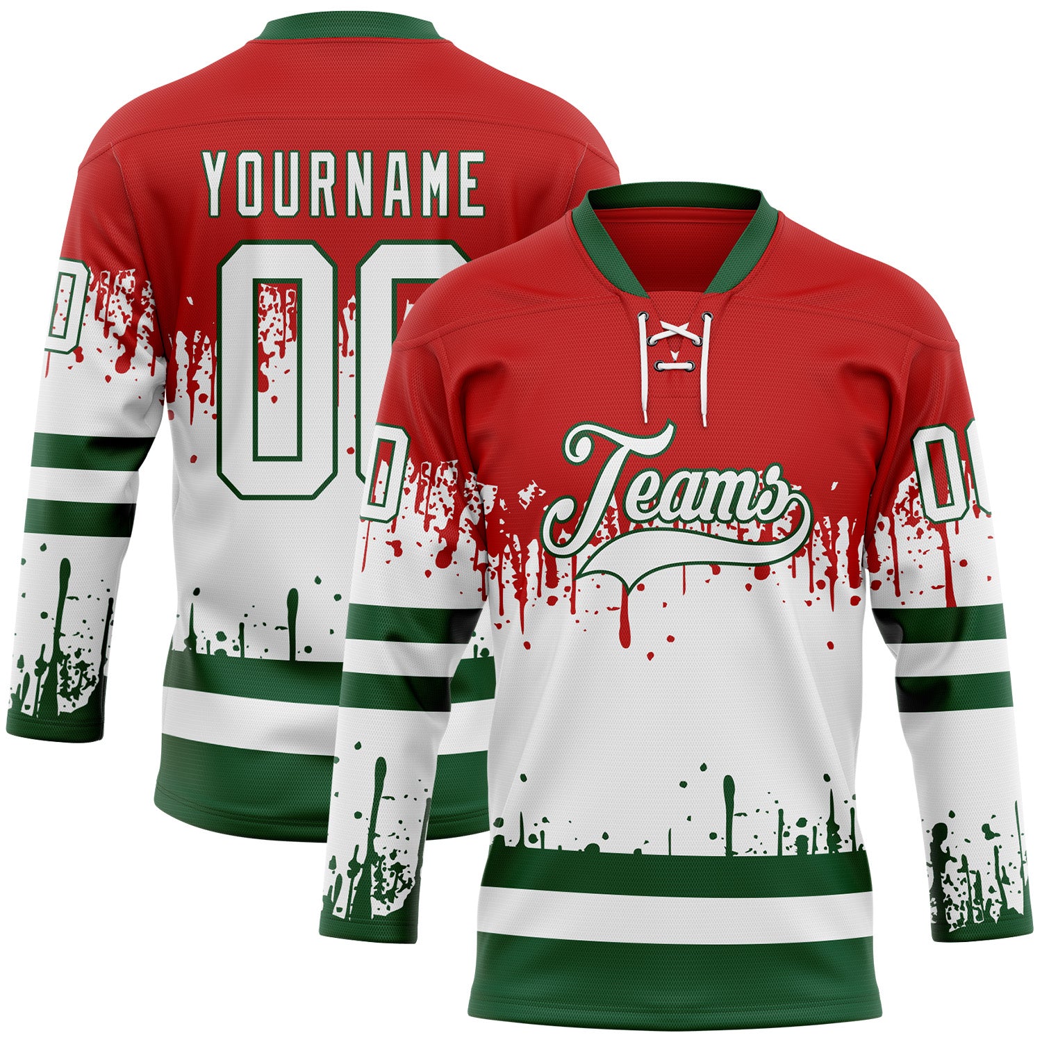 FansIdea Custom Red White-Green Abstract Splatter Paint Mexico Christmas Hockey Lace Neck Jersey - $29.99 at Proof Eyewear
