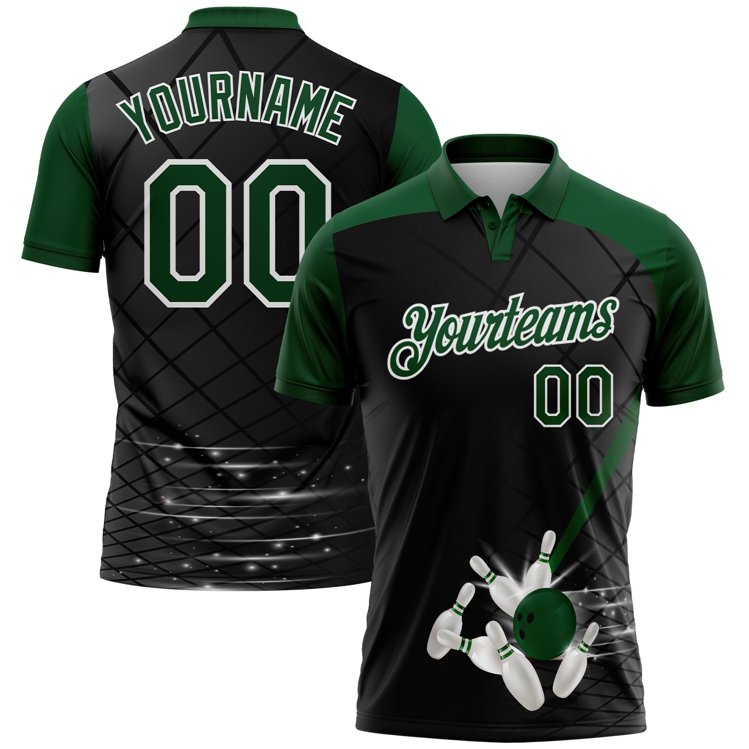 FansIdea Custom Black Green-White Bowling Geometric Grid Performance Polo Shirt - $19.99 at Proof Eyewear