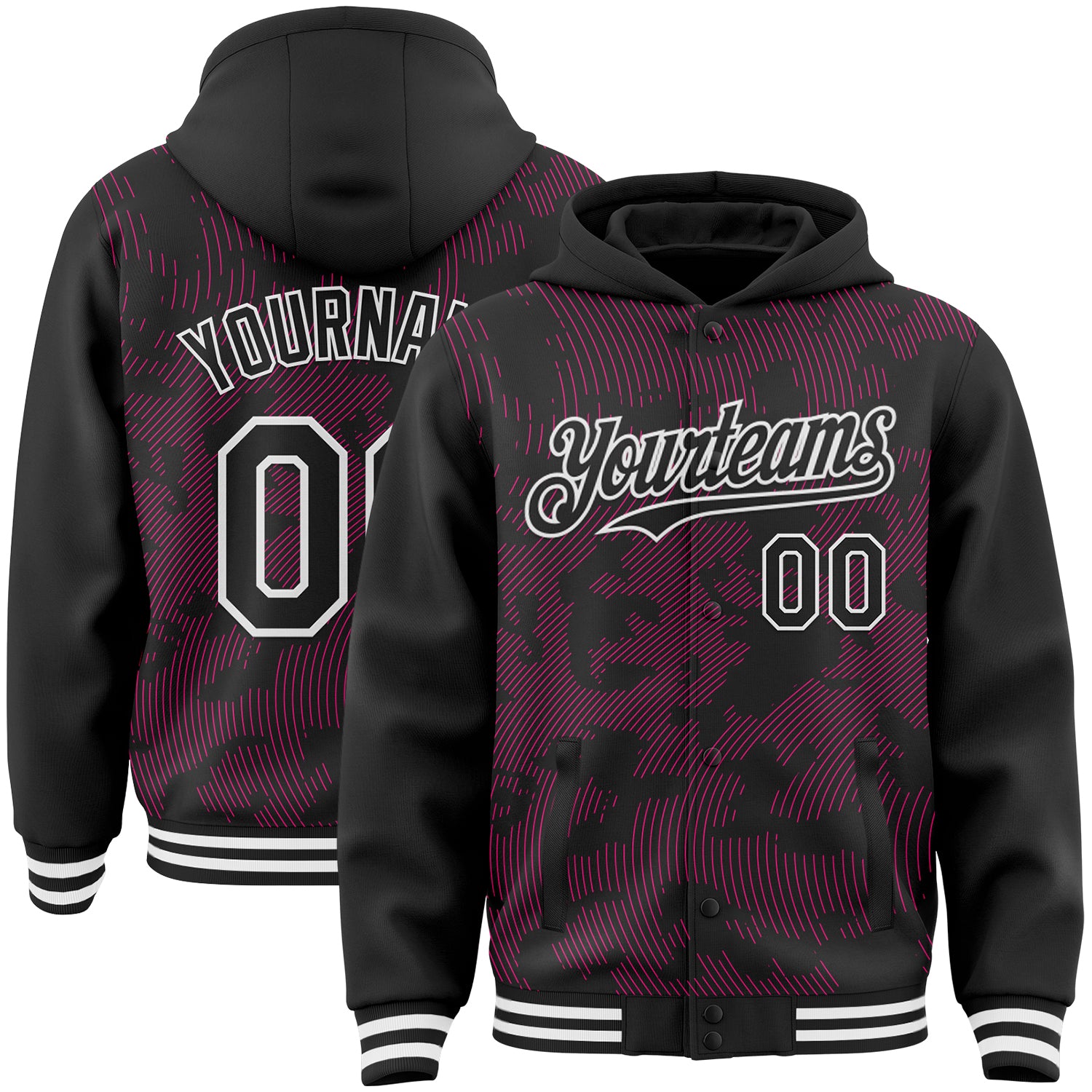 FansIdea Custom Black Hot Pink-White Curve Lines Bomber Full-Snap Varsity Letterman Hoodie Jacket - $38.99 at Proof Eyewear