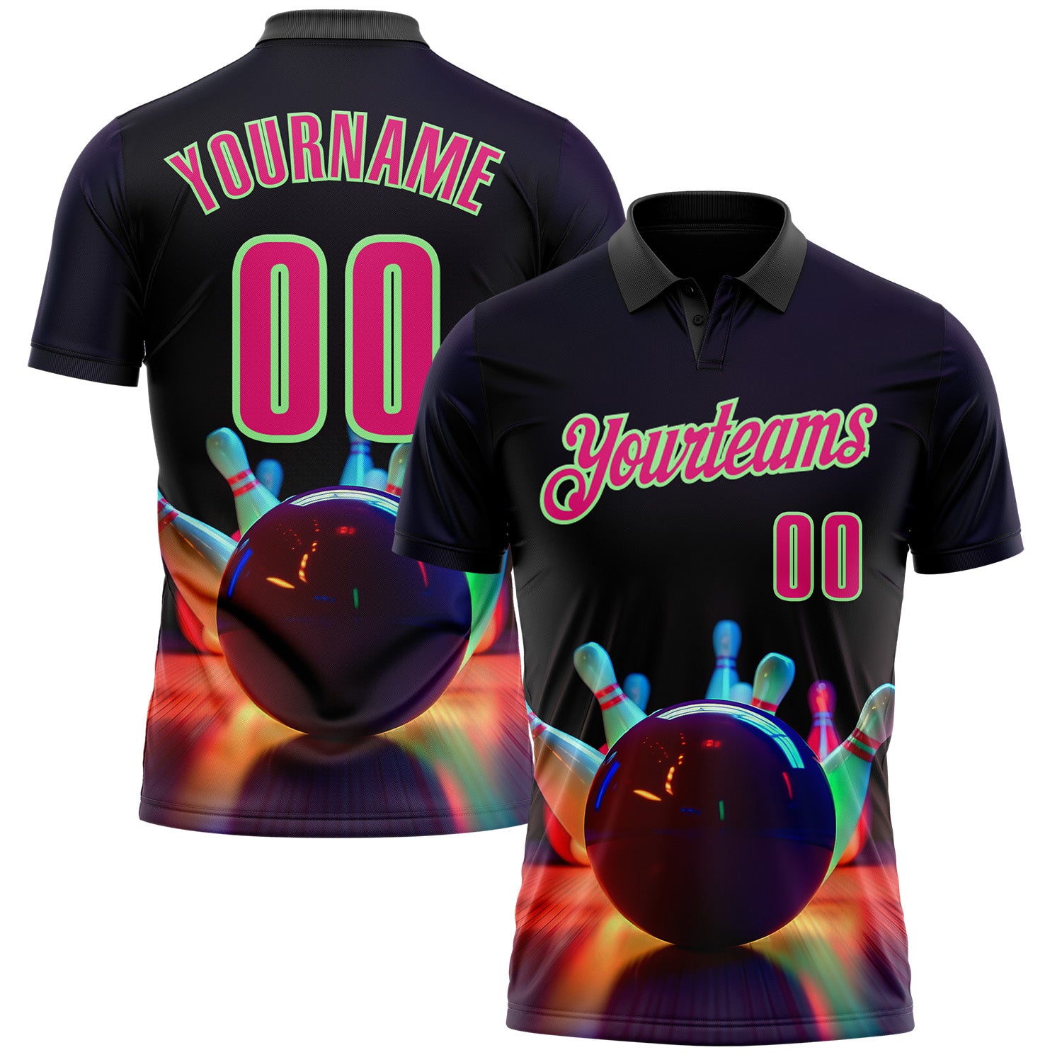 FansIdea Custom Black Hot Pink-Pea Green Bowling Ball And Pins Strike Performance Polo Shirt - $19.99 at Proof Eyewear