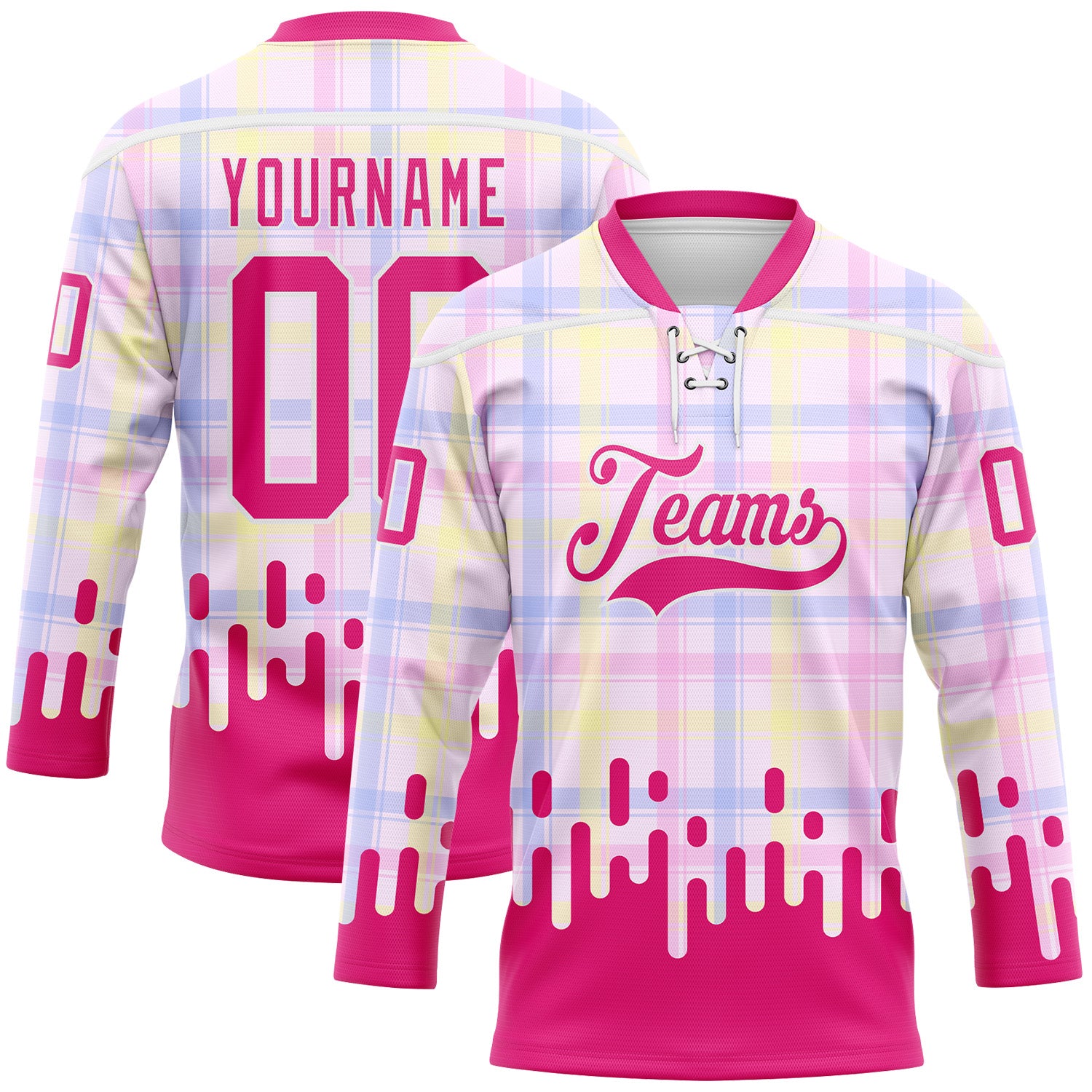 FansIdea Custom Hot Pink-White Melting Rave Psychedelic Checkerboard Lace Neck Hockey Jersey - $29.99 at Proof Eyewear