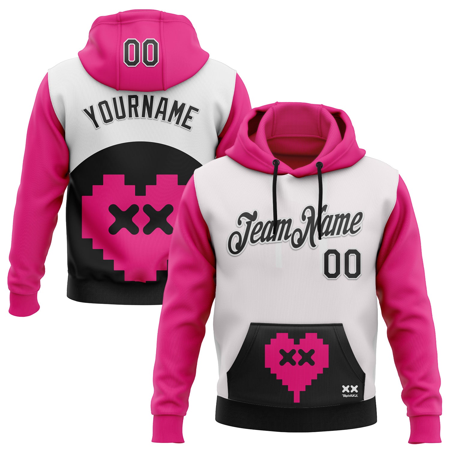 Custom Stitched White Black-Hot Pink 3D Revzzz Pixelated Love Sports Pullover Sweatshirt Hoodie