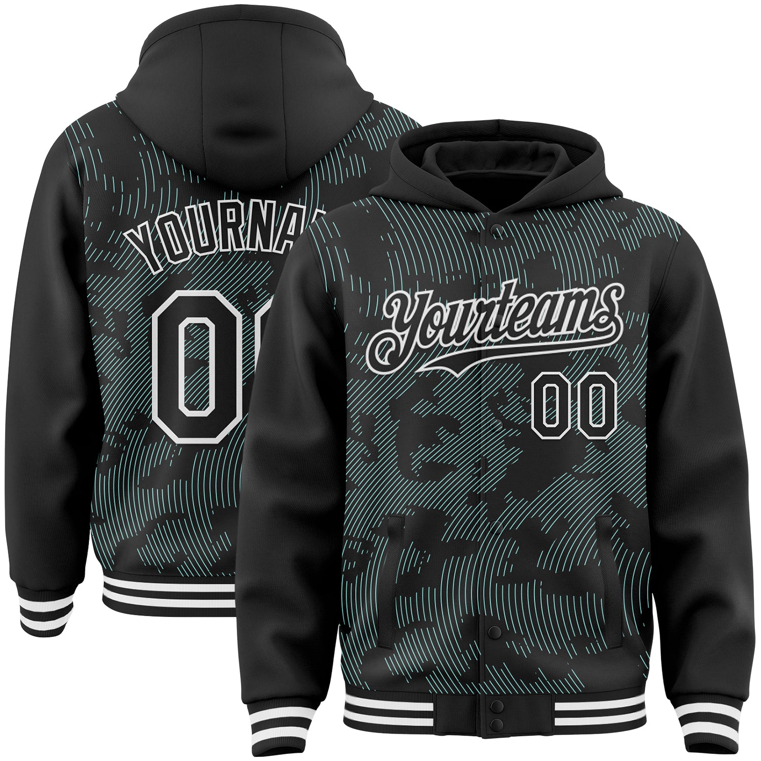 FansIdea Custom Black Ice Blue-White Curve Lines Bomber Full-Snap Varsity Letterman Hoodie Jacket - $38.99 at Proof Eyewear