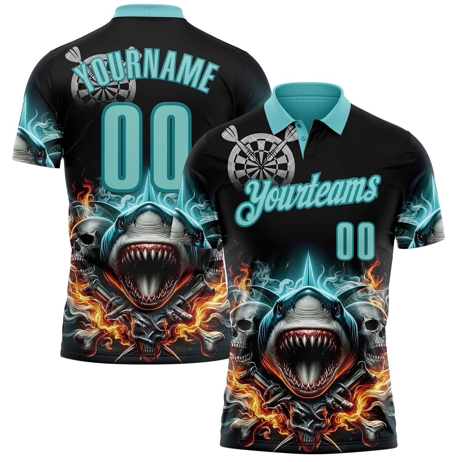 FansIdea Custom Black Ice Blue-Teal Darts Fire Sharke Dartboard Performance Polo Shirt - $19.99 at Proof Eyewear