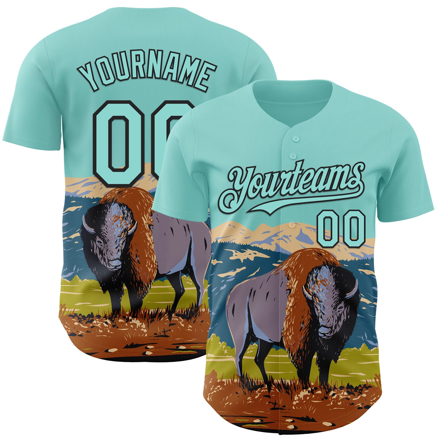 Fansidea-artist-collabs Custom Ice Blue-Black Aloysius Patrimonio American Bison In Yellowstone National Park WPA Authentic Baseball Jersey - $34.99 at Proof Eyewear