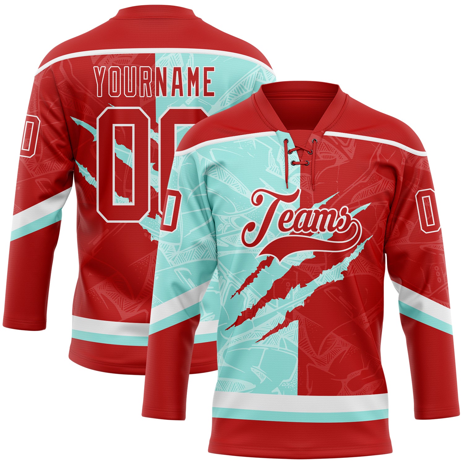 FansIdea Custom Red Ice Blue-White 3D Pattern Gradient Fashion Scratch Hockey Lace Neck Jersey - $29.99 at Proof Eyewear