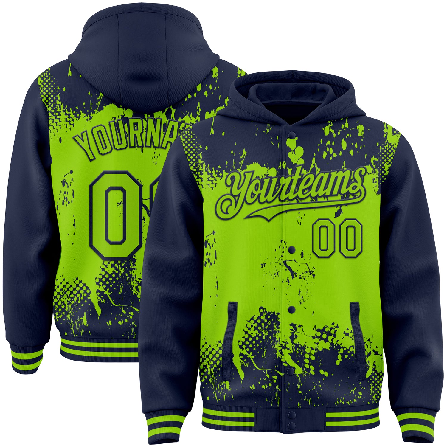 FansIdea Custom Navy Neon Green Splash Art 3D Pattern Design Bomber Full-Snap Varsity Letterman Hoodie Jacket - $38.99 at Proof Eyewear