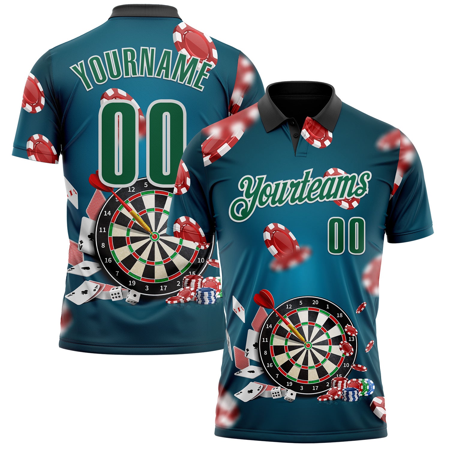FansIdea Custom Blue Kelly Green Black-White Darts Poker Chips Performance Polo Shirt - $19.99 at Proof Eyewear
