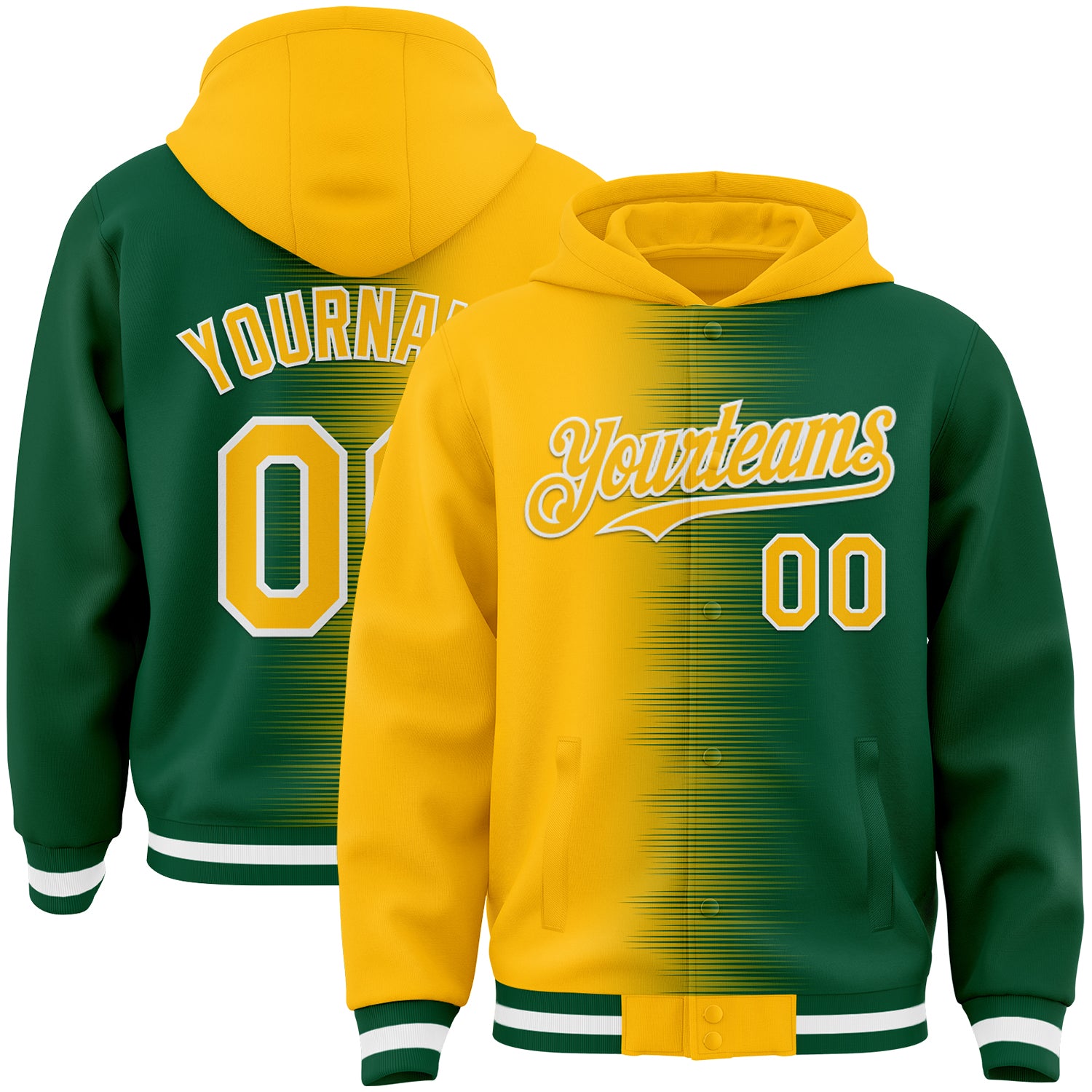 FansIdea Custom Gold Kelly Green-White Gradient Line Bomber Full-Snap Varsity Letterman Hoodie Jacket - $38.99 at Proof Eyewear