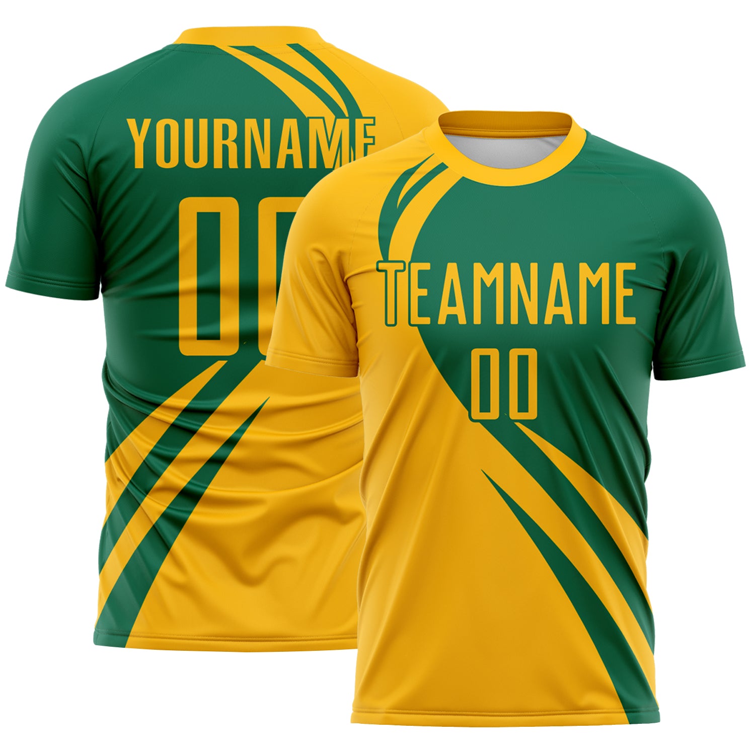 FansIdea Custom Gold Kelly Green Diagonal Streamline Color Block Swirl Curve Lines Sublimation Soccer Uniform Jersey - $16.99 at Proof Eyewear