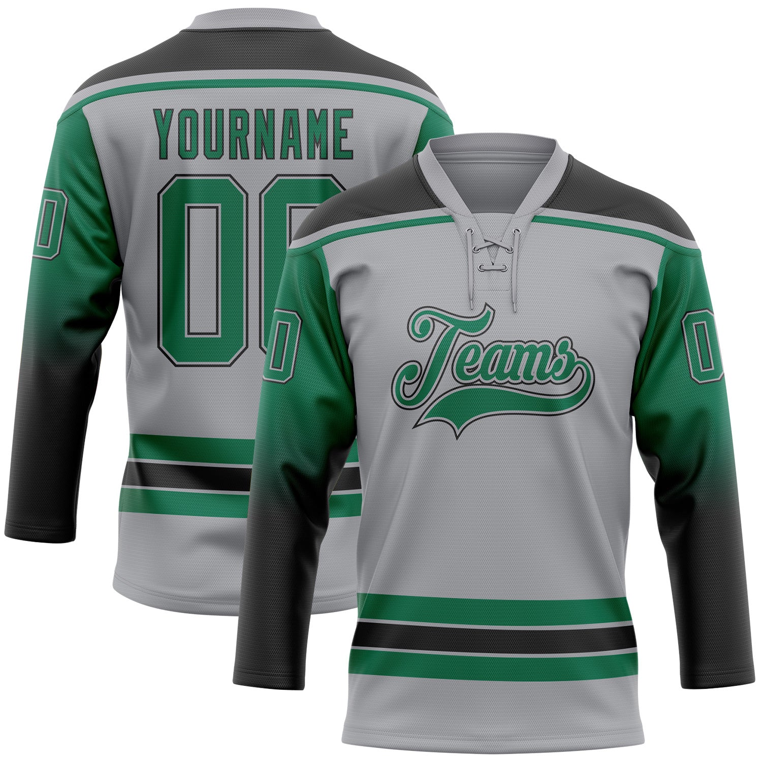 FansIdea Custom Gray Kelly Green-Black Gradient Sleeves Lace Neck Hockey Jersey - $29.99 at Proof Eyewear