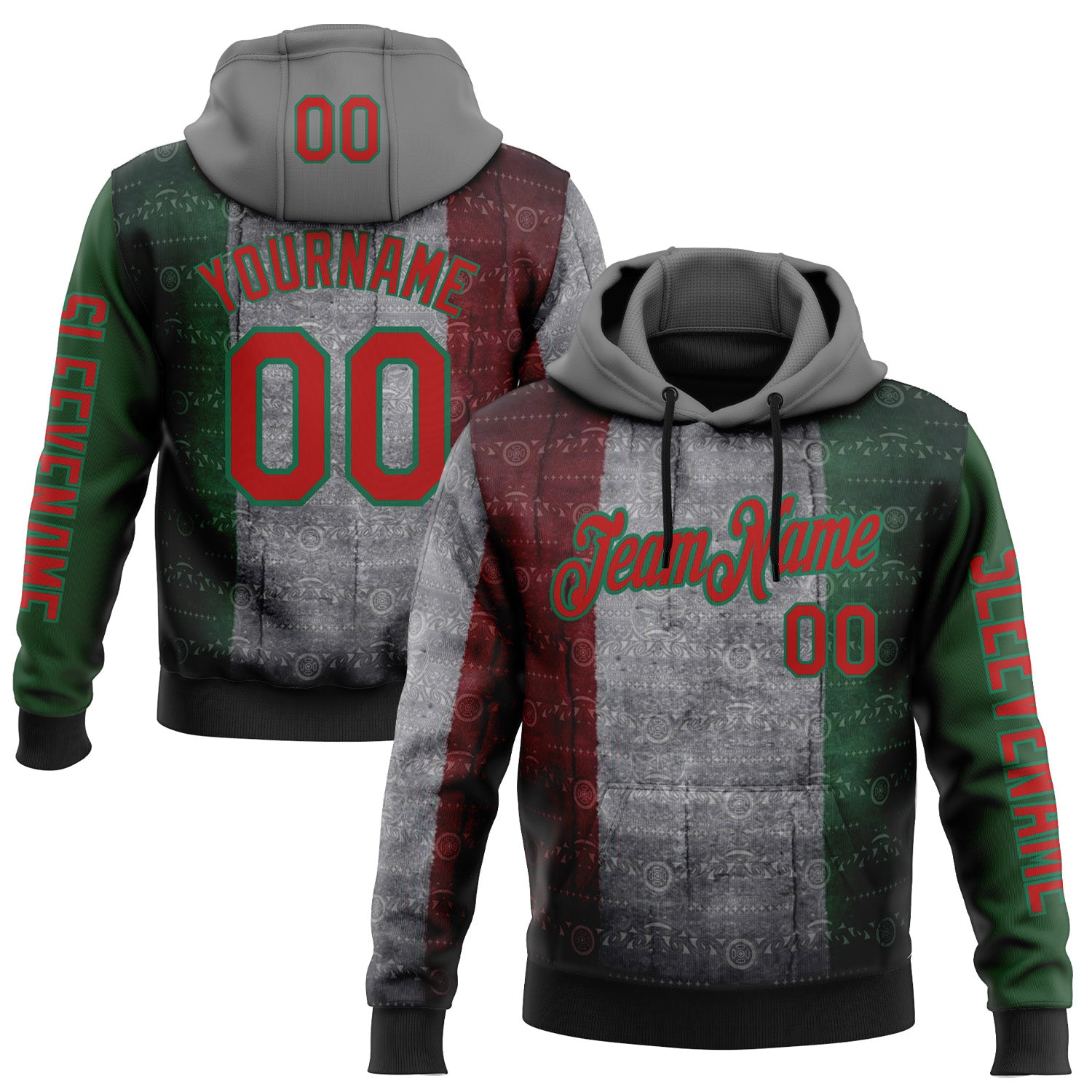 FansIdea Custom Gray Red-Kelly Green 3D Pattern Design Meixican Tribal Sportswear Pullover Sweatshirt Hoodie - $32.99 at Proof Eyewear